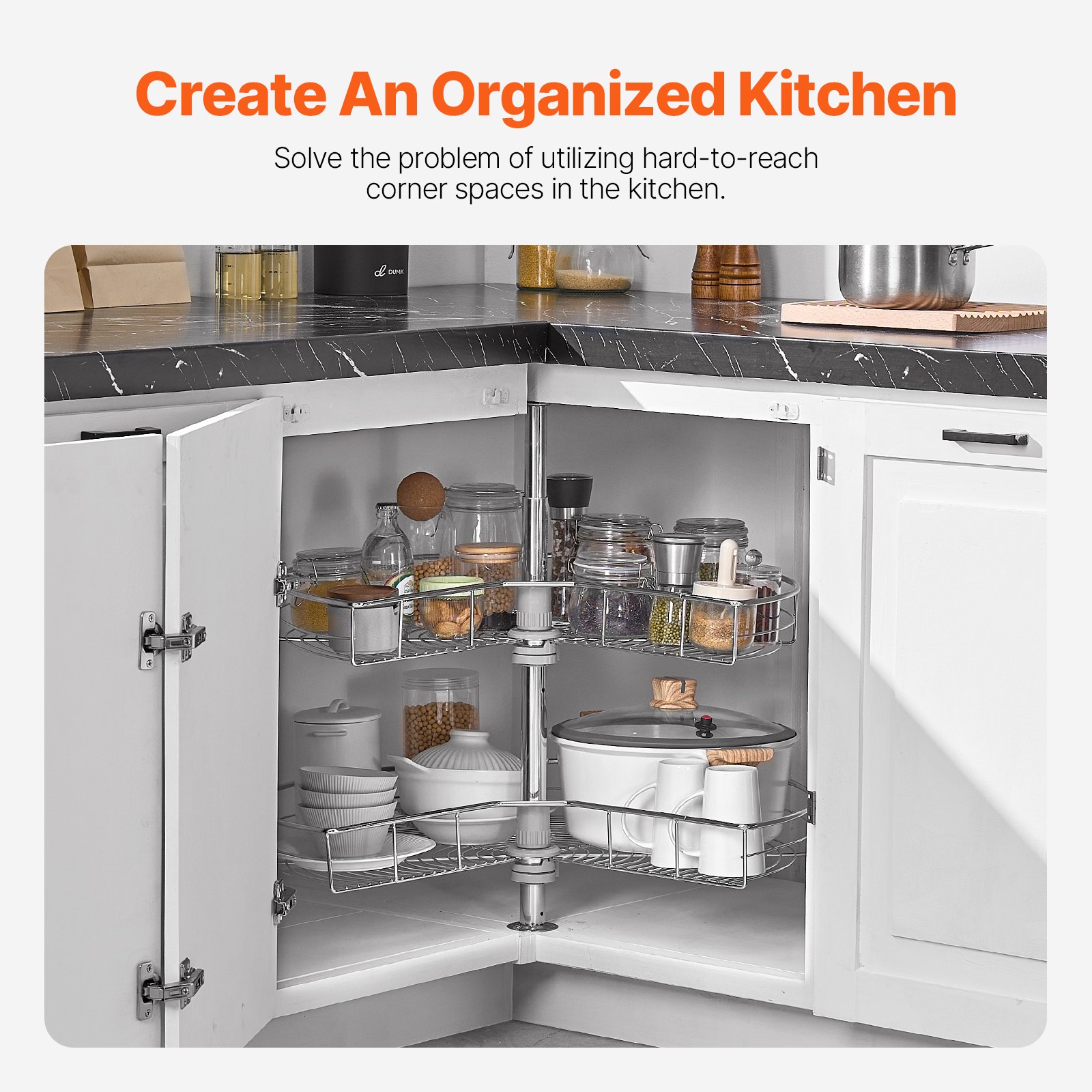 VEVOR Organizer Angolare Cromato 710 mm Forma di Rene, Sngolo Cieco Girevole 360° per Mobiletto Cucina, Ripiano Stoccaggio Regolabile Altezza 2 Livelli, Ripiano in Acciaio Carbonio per Angolo Mobile