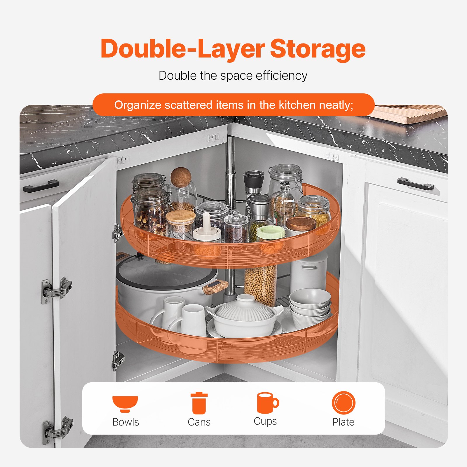 VEVOR Organizer Angolare Cromato 710 mm Forma di Rene, Sngolo Cieco Girevole 360° per Mobiletto Cucina, Ripiano Stoccaggio Regolabile Altezza 2 Livelli, Ripiano in Acciaio Carbonio per Angolo Mobile