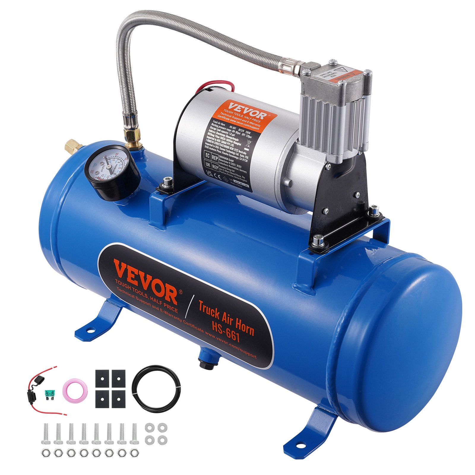 VEVOR Kit Compressore d'Aria 12V Serbatoio da 6 Litri, Kit Compressore d'Aria per Clacson Tromba, Pressione di Esercizio 90-120 PSI, Sistema di Compressore d'Aria Integrato per Clacson Tromba Camion