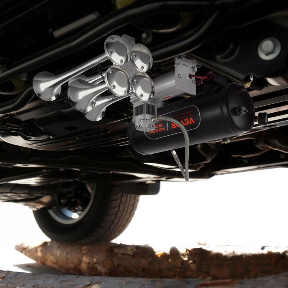 VEVOR Set Clacson da Camion Auto, Set da 4 Trombe Clacson 150 dB per Camioncini, Compressore d'Aria da 12V Pressione 120 PSI, Serbatoio 12 Litri con Manometro per Veicolo a 12V, Camion, Furgone, Barca