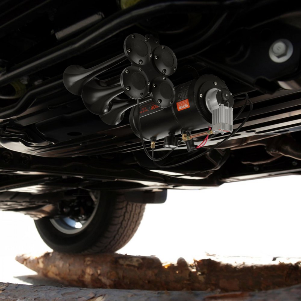 VEVOR Set Clacson da Camion Auto, Set da 4 Trombe Clacson 150 dB per Camioncini, Compressore d'Aria da 12V Pressione 120 PSI, Serbatoio 3 Litri con Manometro per Veicolo a 12V, Camion, Furgone, Barca