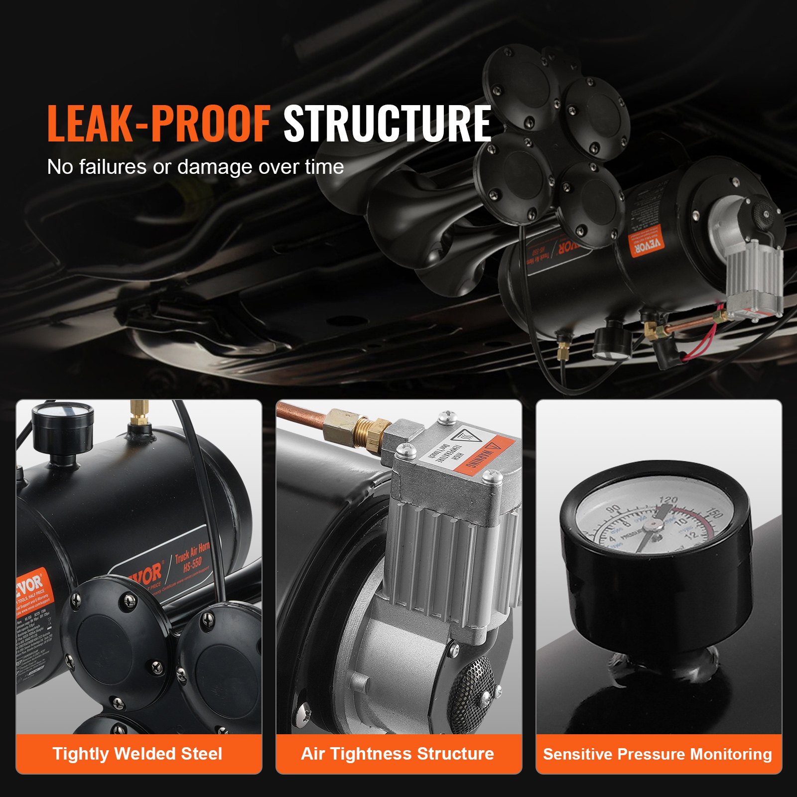 VEVOR Set Clacson da Camion Auto, Set da 4 Trombe Clacson 150 dB per Camioncini, Compressore d'Aria da 12V Pressione 120 PSI, Serbatoio 3 Litri con Manometro per Veicolo a 12V, Camion, Furgone, Barca