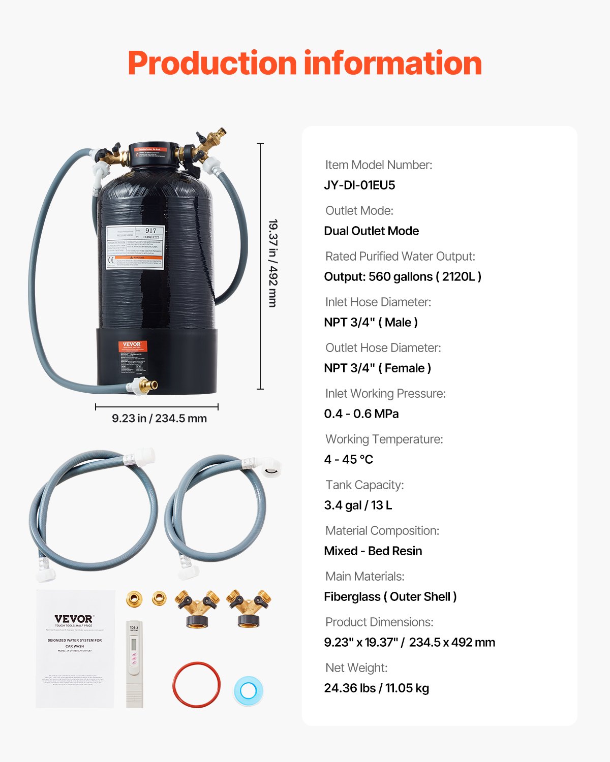 VEVOR Sistema di Acqua Deionizzata per Autolavaggio, Deionizzatore d'Acqua Premium con Misuratore TDS , Filtro Antimacchia per Acqua Senza Macchie con Modalità a Doppia Uscita, per Auto Camper Moto