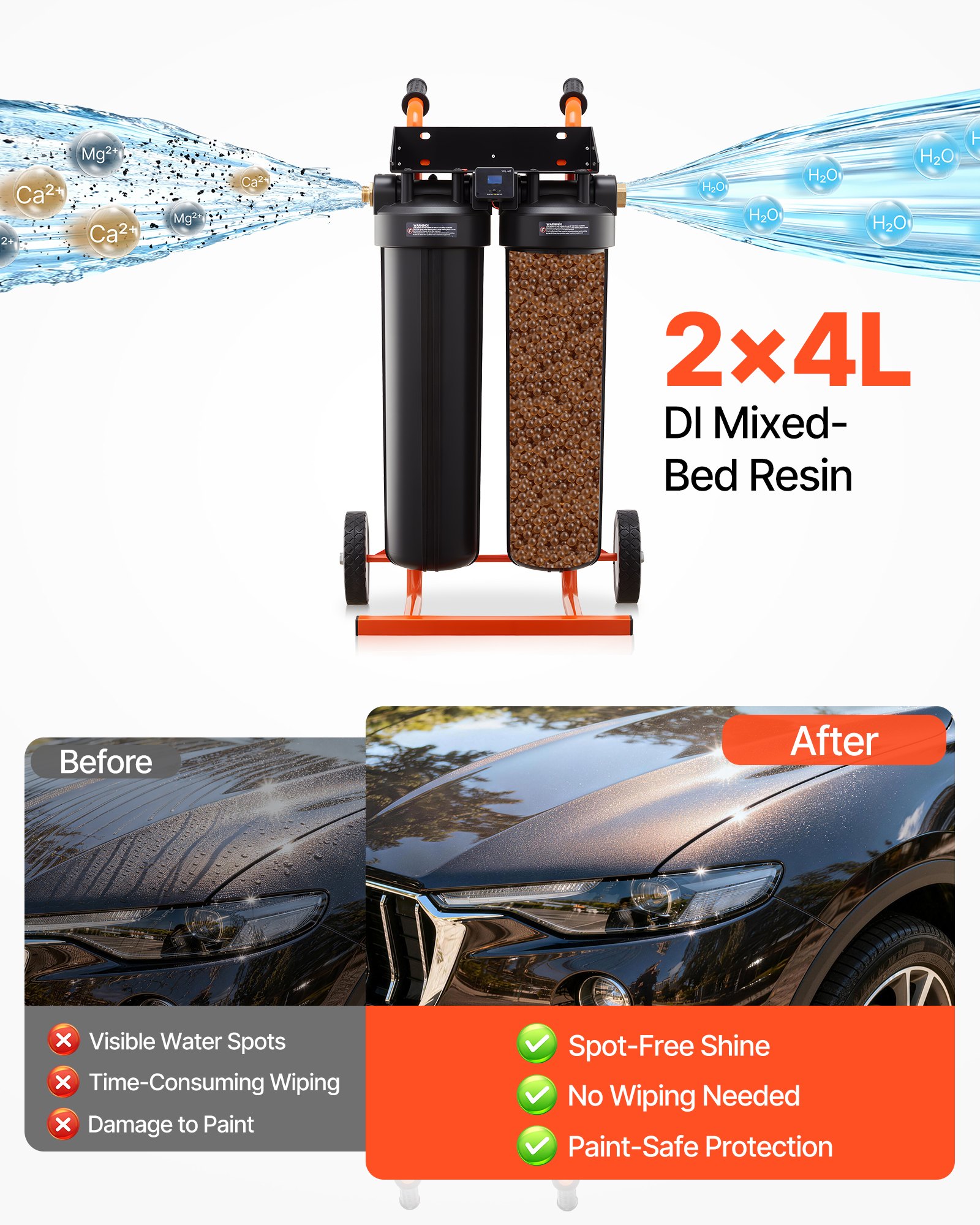 VEVOR Unità Demineralizzatore d'Acqua per Risciacquo Veicoli senza Aloni, Sistema di Deionizzazione d'Acqua con Ruote per Pulizia Camper con 2 Flaconi 4 Litri Resina Demineralizzante Tester TDS