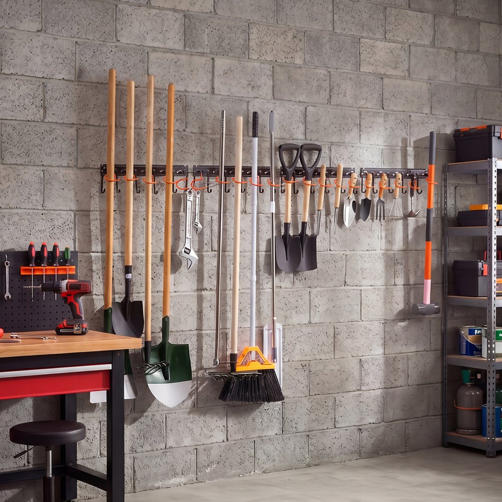VEVOR Porta Attrezzi da Garage 172,7 cm Portata 204 kg 4 Binari con Ganci, Supporto da Parete Robusto, con 24 Ganci Fissi a L e 20 Ganci a S Regolabili, per Attrezzi da Giardino, Pale e Rastrelli