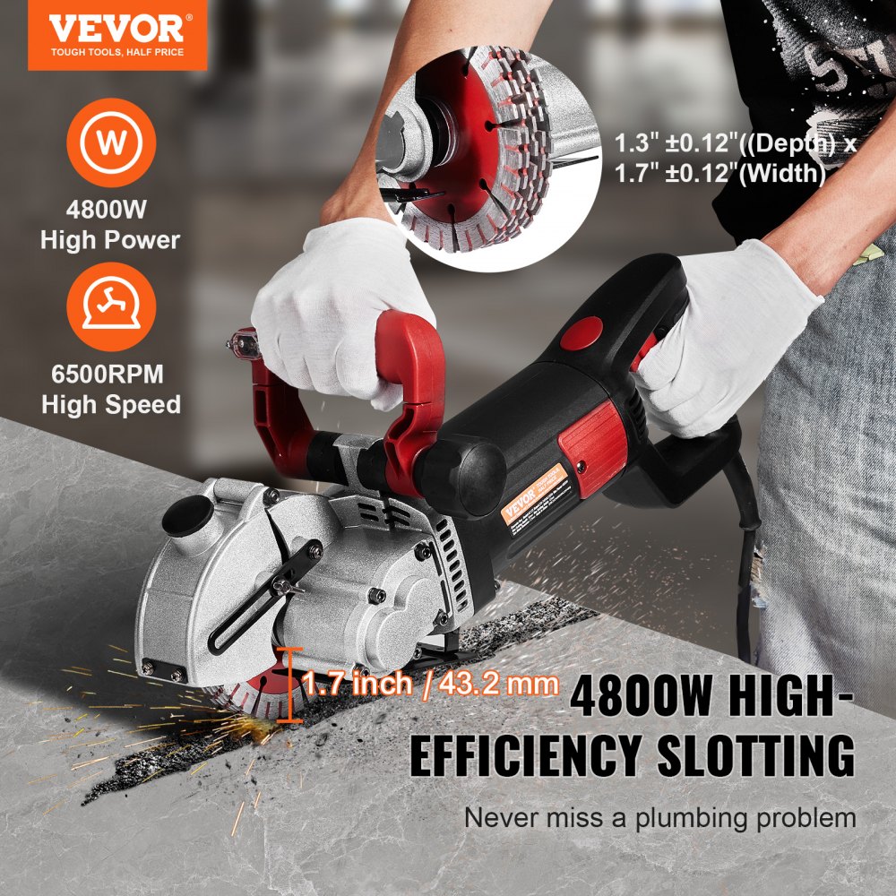 VEVOR Taglierina per scanalature a muro Profondità scanalatura 34 mm Taglierina per scanalature a muro 4800 W 220 V Taglierina elettrica per scanalature a muro Max. 5 pezzi Lame