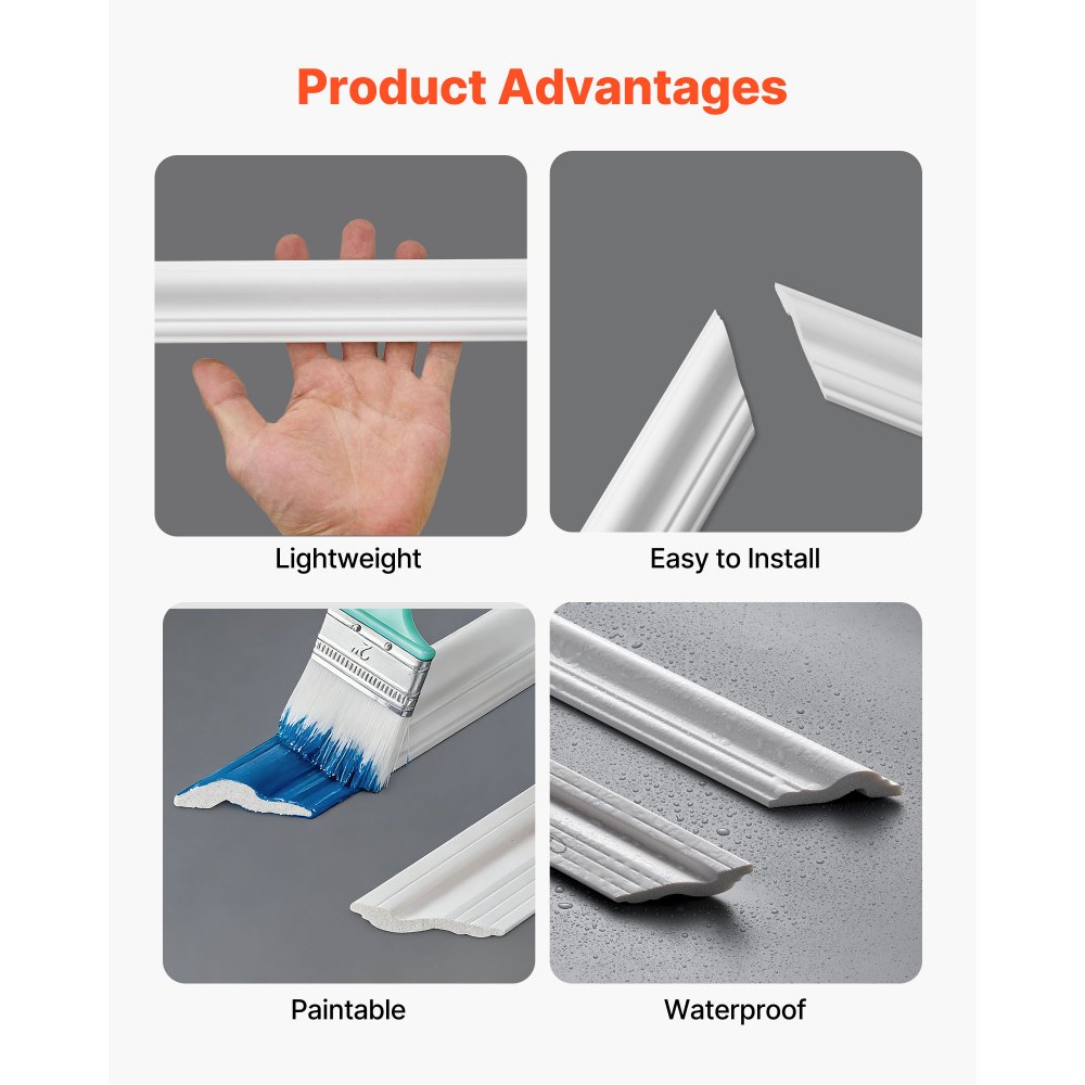 VEVOR Set di Modanatura Adesiva per Parete Confezione da 6, Polistirene Leggero Verniciabile, Facili da Installare, Modanatura Decorativa Impermeabile per Interni, Soggiorno, Camera da Letto, Bianco