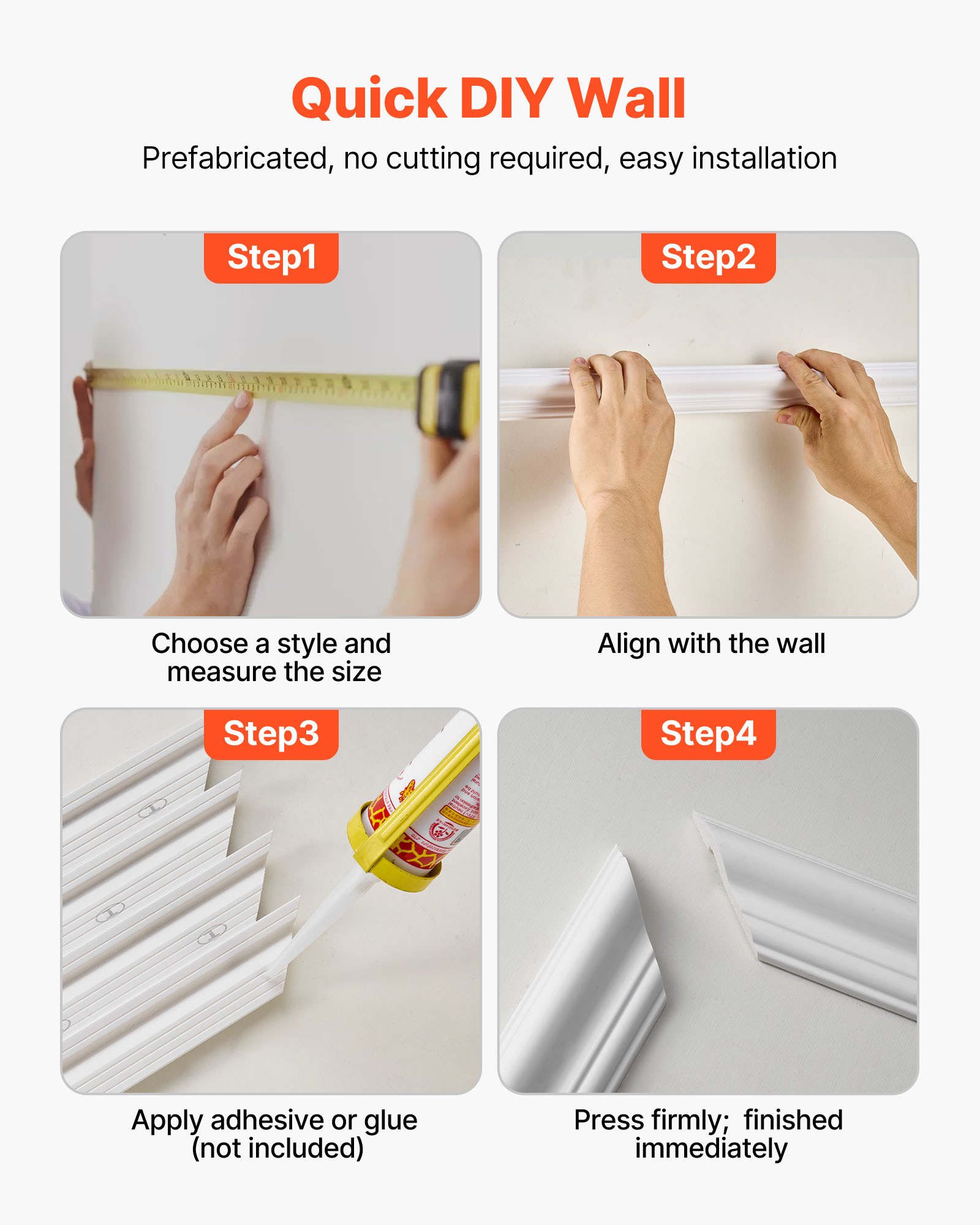 VEVOR Set di Modanatura Adesiva per Parete Confezione da 6, Polistirene Leggero Verniciabile, Facili da Installare, Modanatura Decorativa Impermeabile per Interni, Soggiorno, Camera da Letto, Bianco