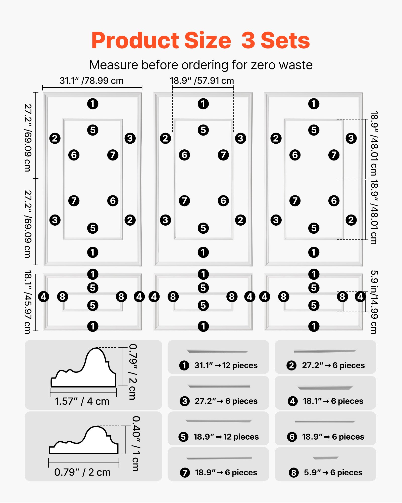 VEVOR Confezione da 3 Modanature per Pareti, kit di Pannelli per Rivestimento con Profilo Largo e Stretto a Doppia Linea, Polistirene Leggero Verniciabile, per Interni di Soggiorno e Camera da Letto