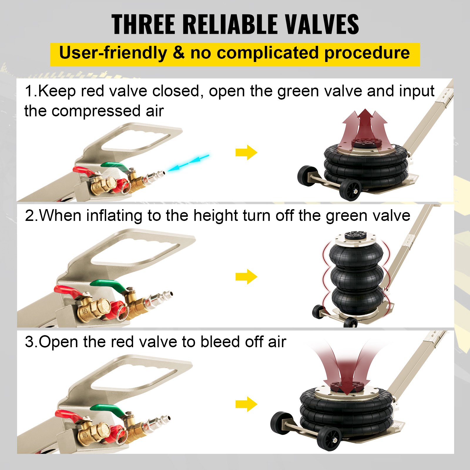 VEVOR Martinetto Pneumatico 3 Tonnellate, Cric Pneumatica ad Aria 3T 6600 Libbre, Presa Cric Sollevatore Pneumatica per Auto con Maniglia Pieghevole 3 Airbag, Gamma di Altezza 14-40 cm, Colore Bianco