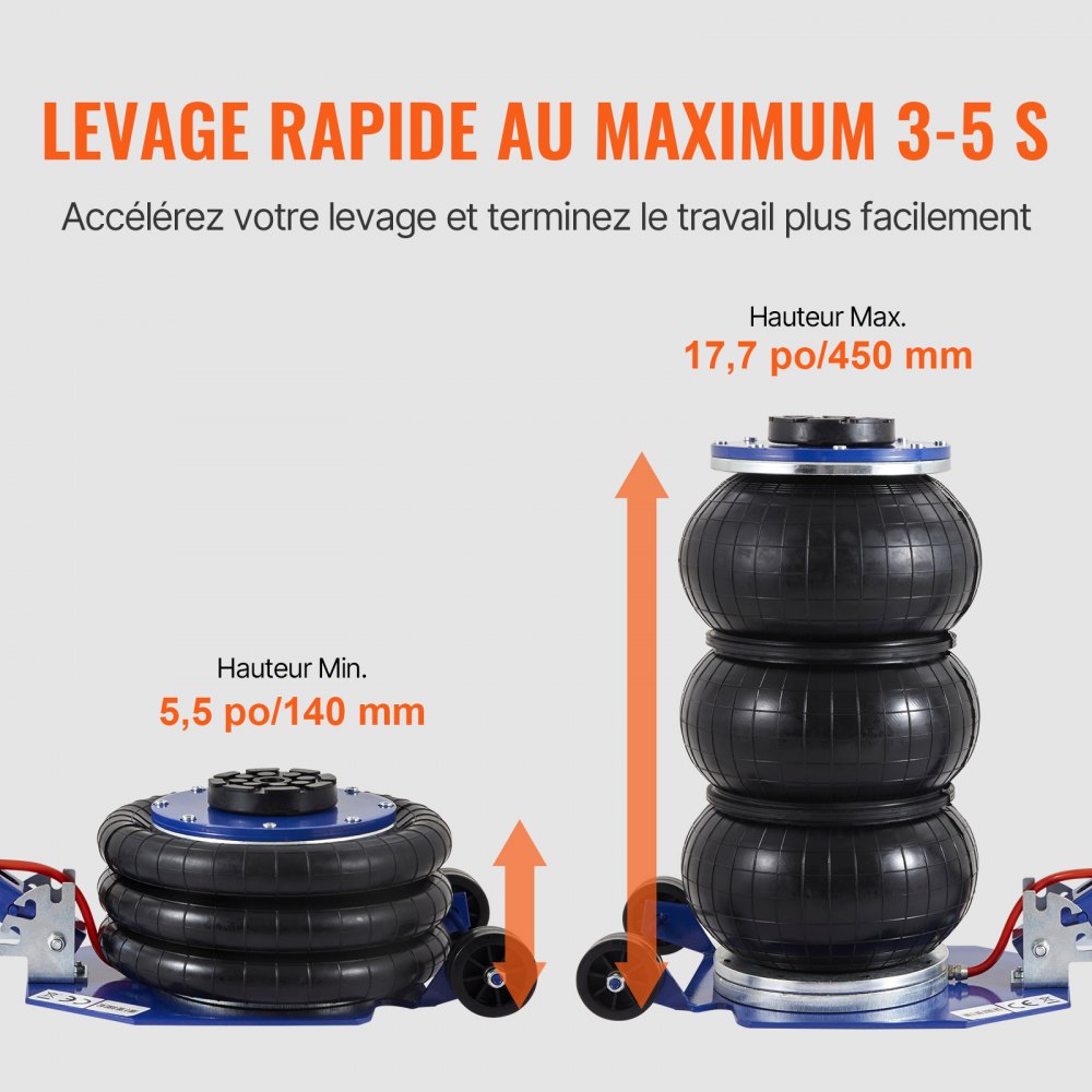 VEVOR Martinetto Pneumatico Sollevamento per Riparazione Auto 140-450 mm Capacità 3 Tonnellate, Martinetto Pneumatico 0,8-1,0 MPa con 3 Cuscini d'Aria Impugnatura Regolabile Blu per da Officina Garage