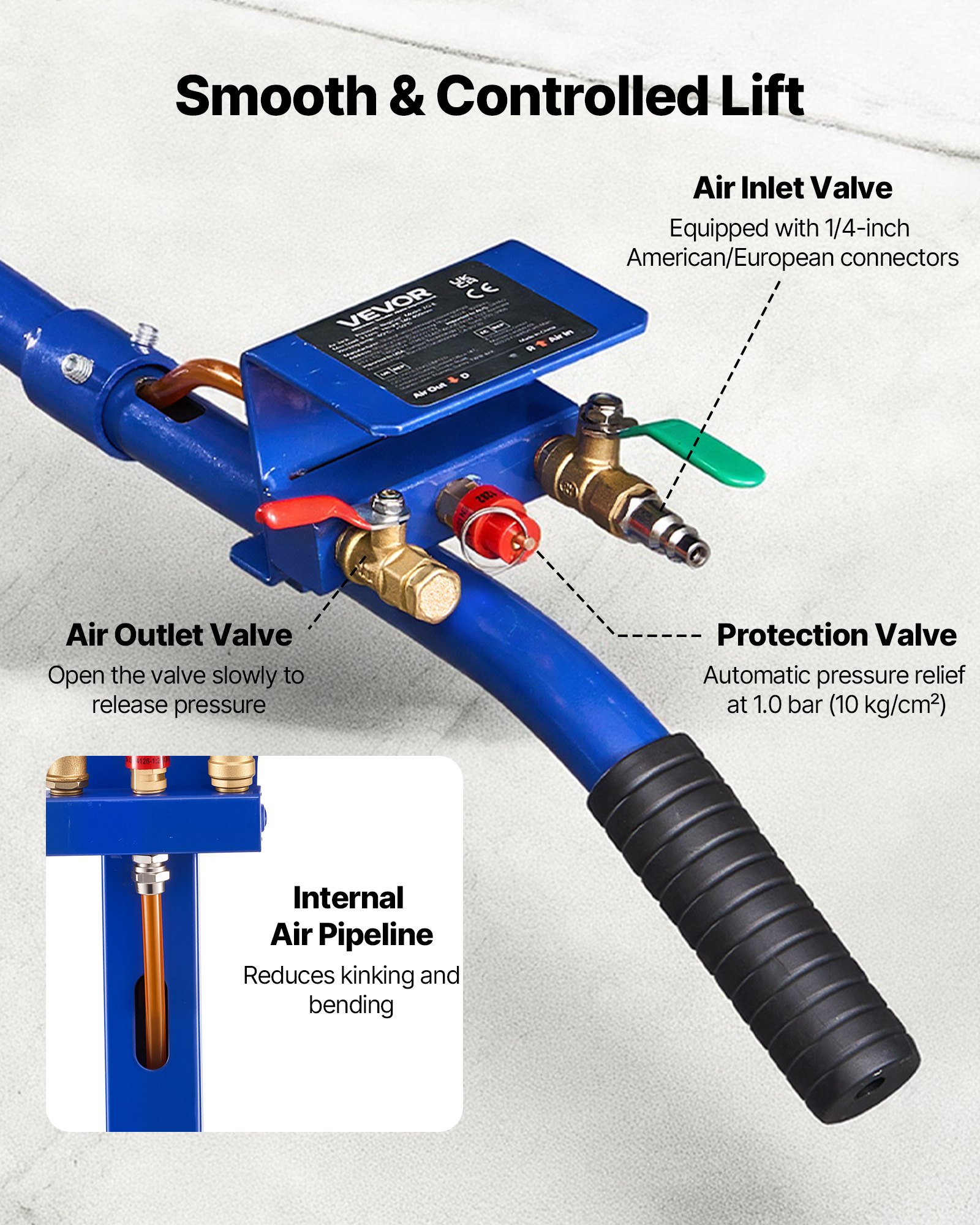 VEVOR Cric Pneumatico per Auto da 3 Tonnellate con 6 Tubi in Acciaio, Manico Lungo e Cuscinetto in Gomma, Altezza di Sollevamento da 140 a 450 mm, Sollevamento Rapido, Cric Pneumatico per SUV