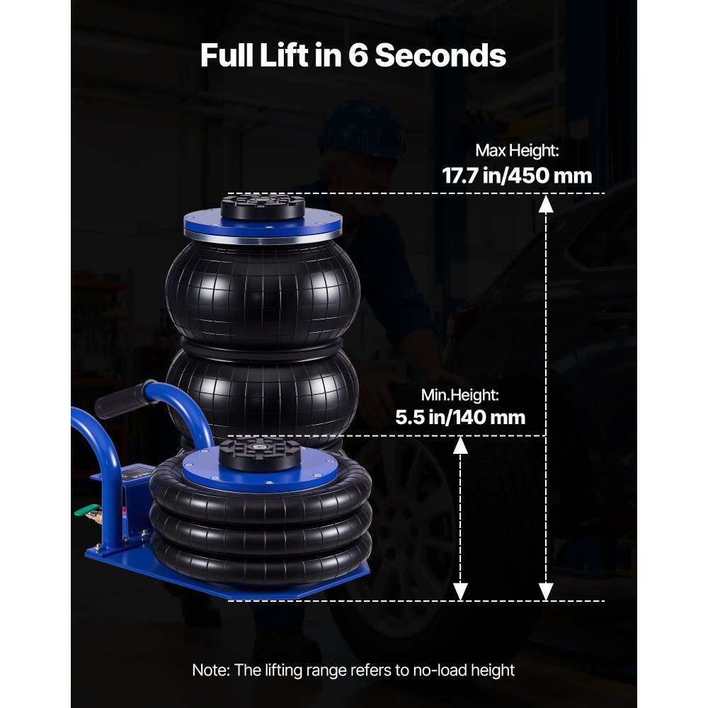 VEVOR Cric Pneumatico per Auto da 3 Tonnellate con 6 Tubi in Acciaio, Manico Corto e Tripli Airbag, Altezza di Sollevamento Massima di 45 cm, Sollevamento Rapido, Cric Pneumatico per SUV e Officine