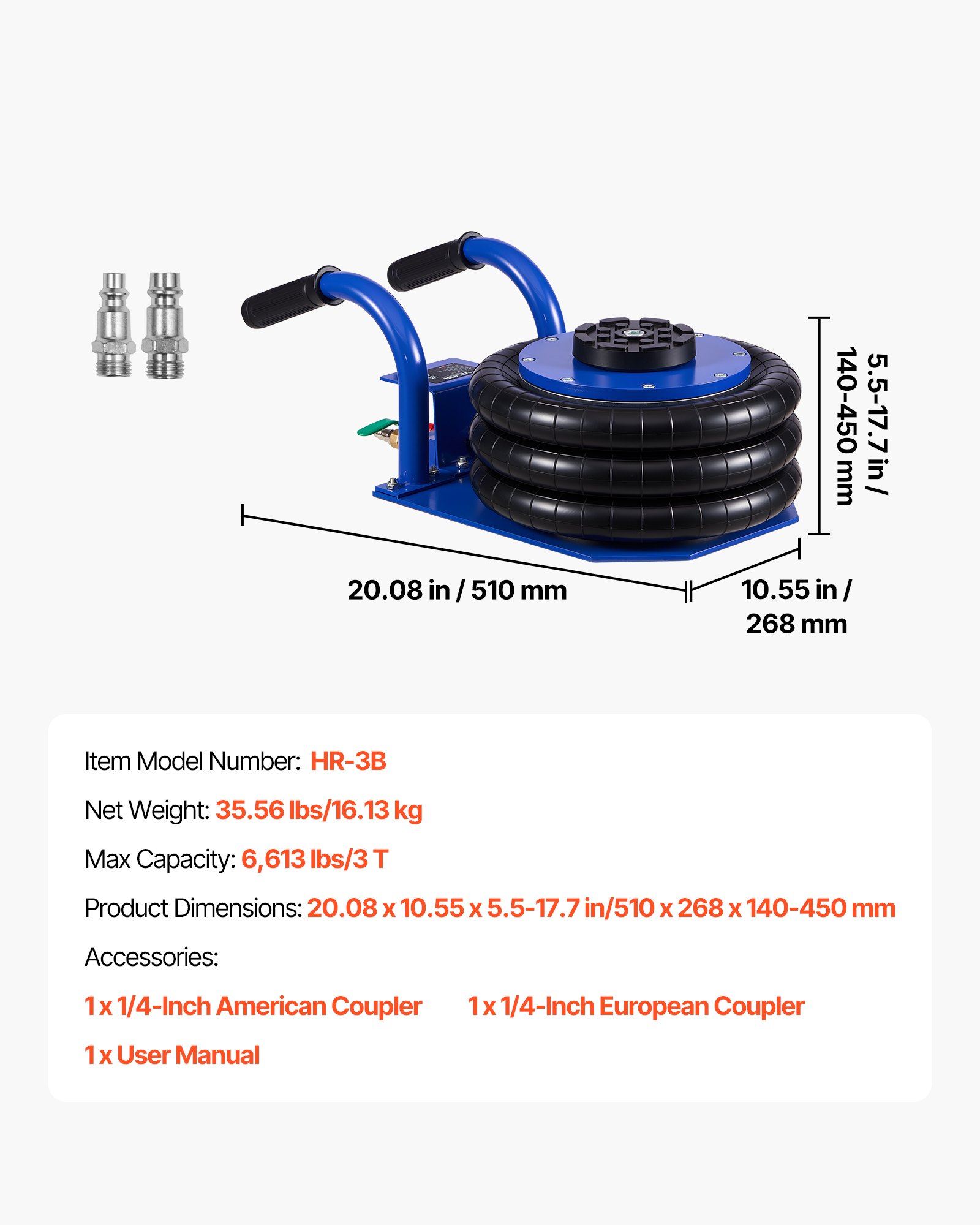 VEVOR Cric Pneumatico per Auto da 3 Tonnellate con 6 Tubi in Acciaio, Manico Corto e Tripli Airbag, Altezza di Sollevamento Massima di 45 cm, Sollevamento Rapido, Cric Pneumatico per SUV e Officine