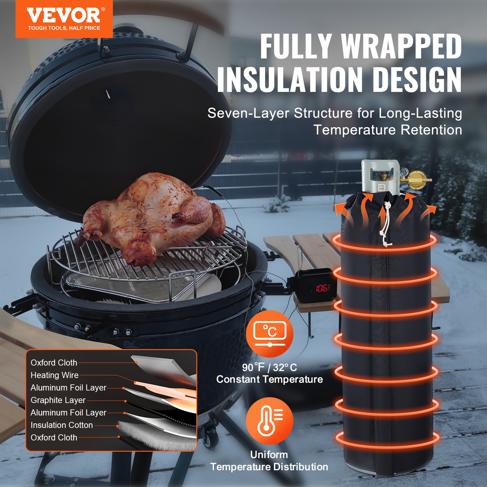 VEVOR Coperta Riscaldante per Serbatoio di Propano, 280 W, Copertura Isolata per Bombole di Gas da 45 kg, con Temperatura Regolabile, Tessuto Oxford Resistente e Impermeabile, 1350x1277x17mm, Nero