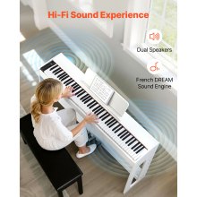 VEVOR Pianoforte Digitale a 88 Tasti Pesati, Tastiera Pianoforte Pesati con Altoparlante, Pedale Sustain, Adattatore CC, Supporto, 280 Toni, Connessione Wireless, per Principianti, Bianco
