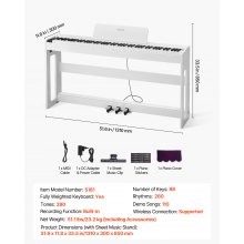 VEVOR Pianoforte Digitale a 88 Tasti Pesati, Tastiera Pianoforte Pesati con Altoparlante, Pedale Sustain, Adattatore CC, Supporto, 280 Toni, Connessione Wireless, per Principianti, Bianco