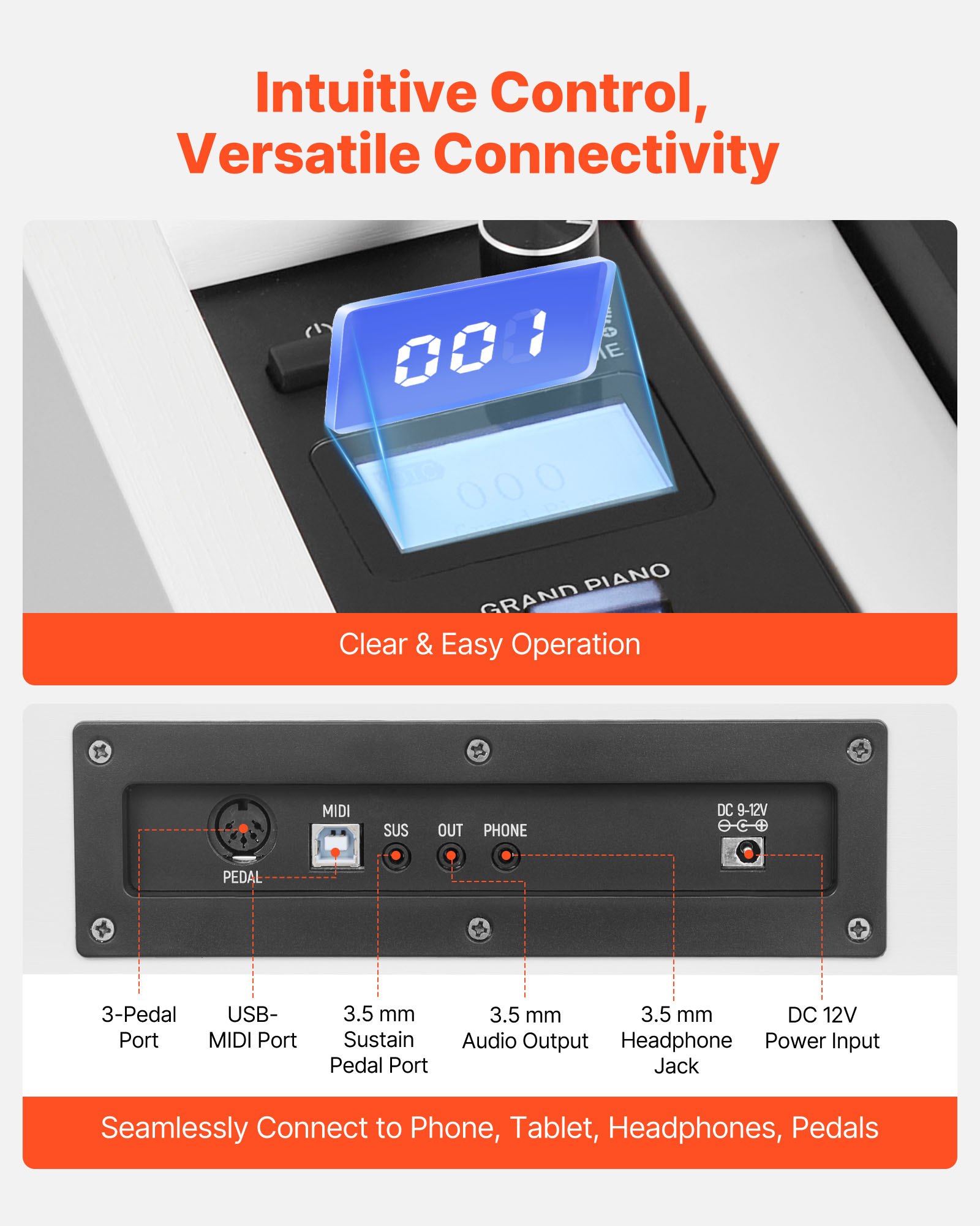 VEVOR Weighted Digital Piano, 88 Keys Fully Weighted, Electric Piano Keyboard with Furniture Stand, Power Adapter, Triple Pedal, Record Function, 280 Tones, Wireless Connection, for Beginners, White