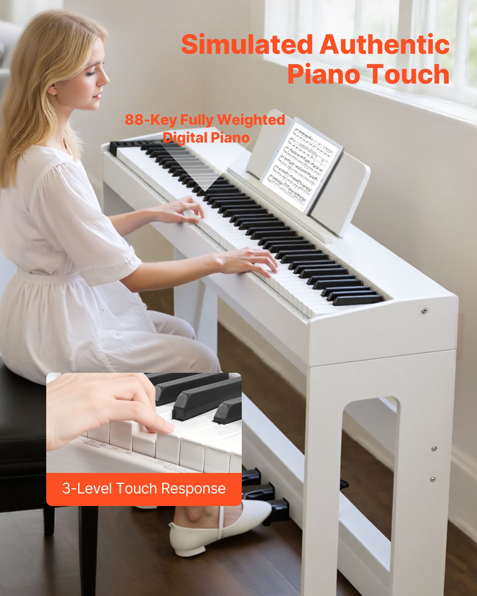 VEVOR Pianoforte Digitale a 88 Tasti Pesati, Tastiera Pianoforte Pesati con Altoparlante, Pedale Sustain, Adattatore CC, Supporto, 280 Toni, Connessione Wireless, per Principianti, Bianco