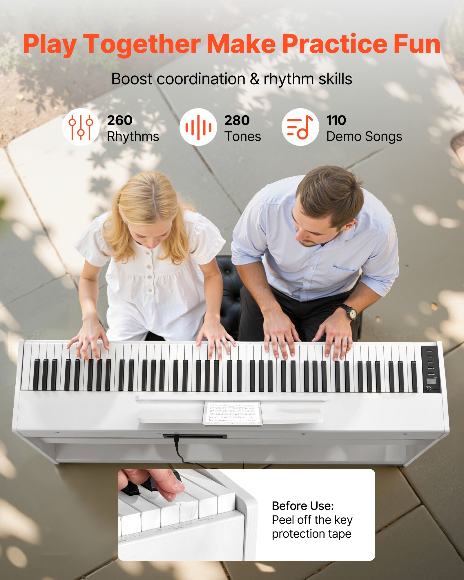 VEVOR Pianoforte Digitale a 88 Tasti Pesati, Tastiera Pianoforte Pesati con Altoparlante, Pedale Sustain, Adattatore CC, Supporto, 280 Toni, Connessione Wireless, per Principianti, Bianco