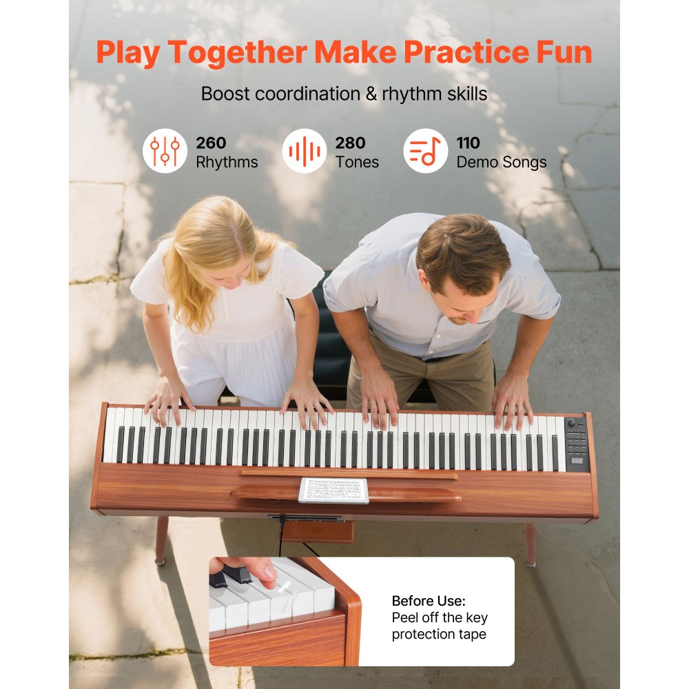 VEVOR Pianoforte Digitale a 88 Tasti, Tastiera Pianoforte con Altoparlanti, Leggio, Supporto, Pedale Sustain, Funzione di Registrazione, 280 Toni, Connessione Wireless, per Principianti, Colore Legno