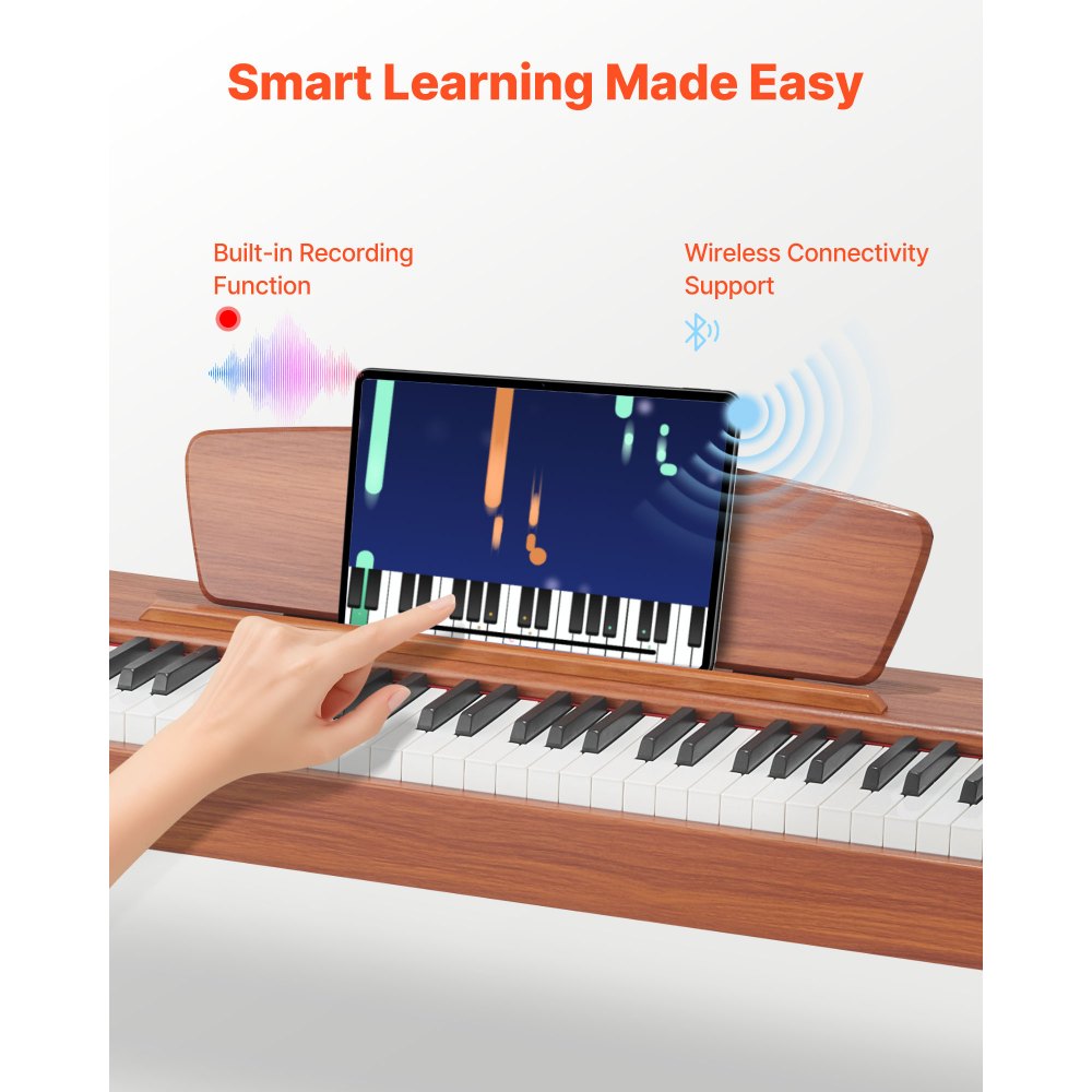 VEVOR Pianoforte Digitale a 88 Tasti, Tastiera Pianoforte con Altoparlanti, Leggio, Supporto, Pedale Sustain, Funzione di Registrazione, 280 Toni, Connessione Wireless, per Principianti, Colore Legno
