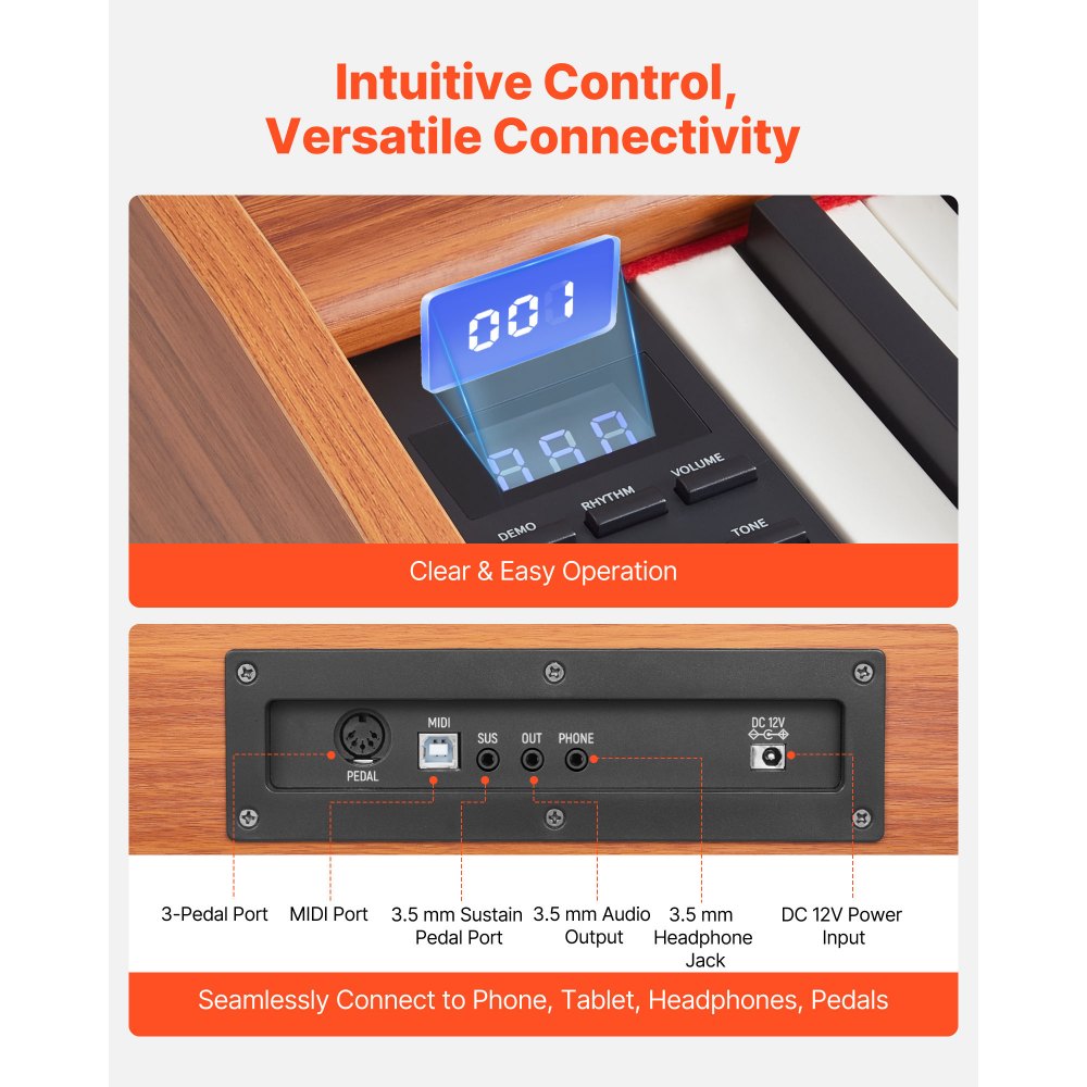 VEVOR Pianoforte Digitale a 88 Tasti, Tastiera Pianoforte con Altoparlanti, Leggio, Supporto, Pedale Sustain, Funzione di Registrazione, 280 Toni, Connessione Wireless, per Principianti, Colore Legno