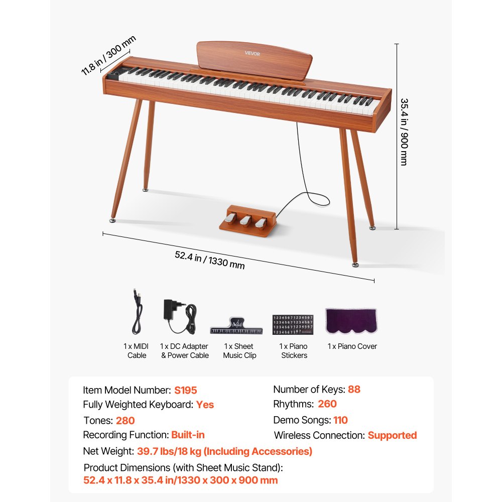VEVOR Pianoforte Digitale a 88 Tasti, Tastiera Pianoforte con Altoparlanti, Leggio, Supporto, Pedale Sustain, Funzione di Registrazione, 280 Toni, Connessione Wireless, per Principianti, Colore Legno