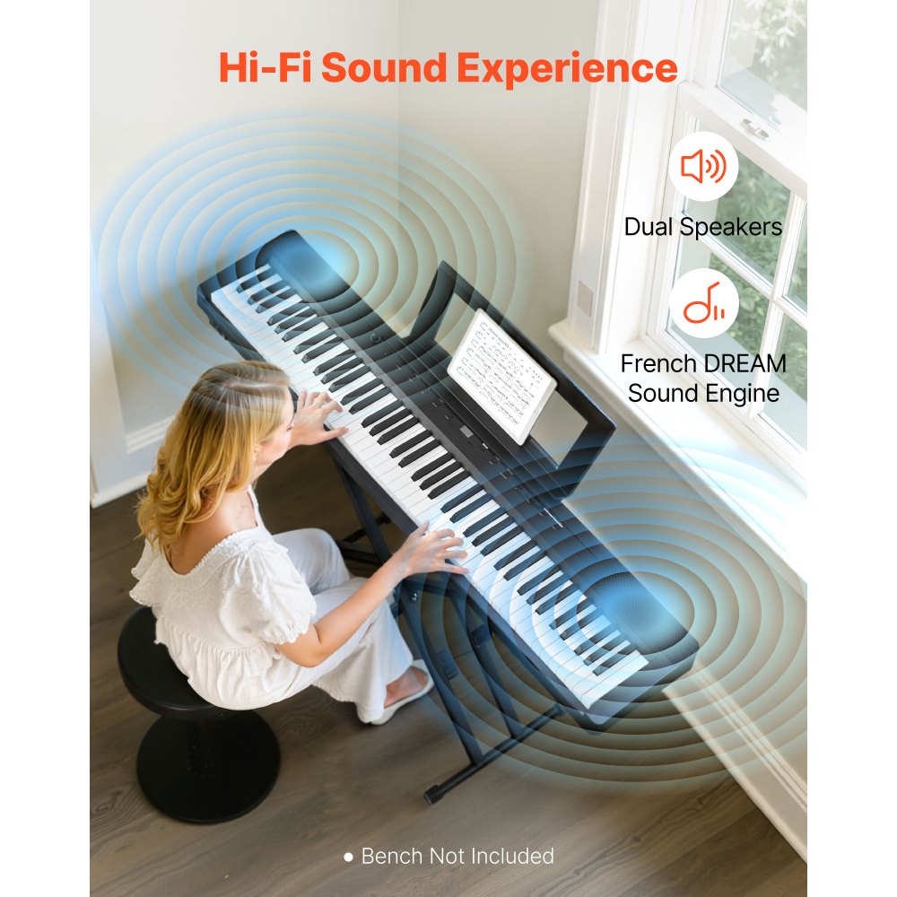 VEVOR Pianoforte Digitale a 88 Tasti, Tastiera Pianoforte con Altoparlanti, con Supporto a X, Pedale Sustain, Funzione di Registrazione, 280 Toni, Connessione Wireless, per Principianti, Nero