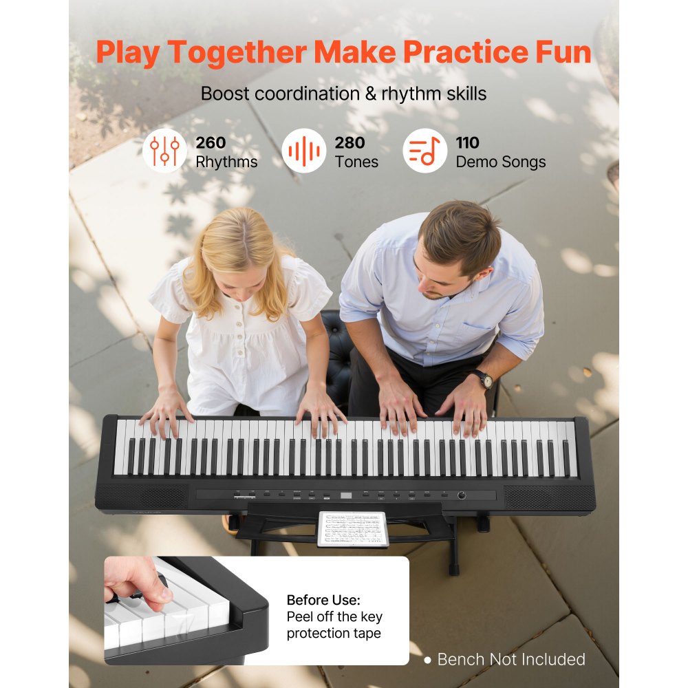 VEVOR Pianoforte Digitale a 88 Tasti, Tastiera Pianoforte con Altoparlanti, con Supporto a X, Pedale Sustain, Funzione di Registrazione, 280 Toni, Connessione Wireless, per Principianti, Nero