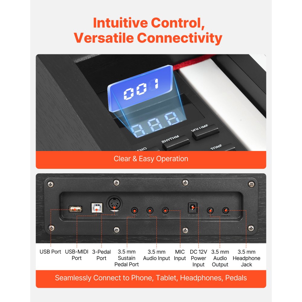 VEVOR Pianoforte Digitale a 88 Tasti, Tastiera Pianoforte con Altoparlanti, Funzione di Registrazione, 238 Toni, Connessione Wireless, per Principianti, Colore Nero, Senza Supporto