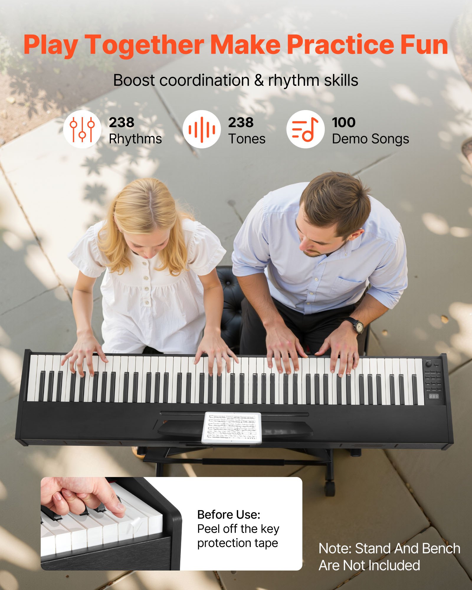 VEVOR Pianoforte Digitale a 88 Tasti, Tastiera Pianoforte con Altoparlanti, Funzione di Registrazione, 238 Toni, Connessione Wireless, per Principianti, Colore Nero, Senza Supporto