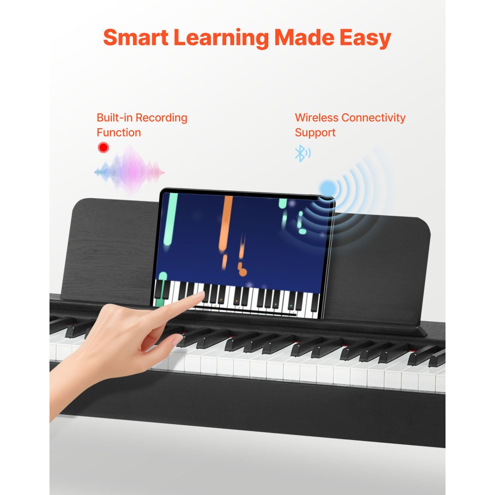 VEVOR Pianoforte Digitale a 88 Tasti Pesati, Tastiera Pianoforte Pesati con Altoparlante, Pedale Sustain, Adattatore CC, Supporto, 280 Toni, Connessione Wireless, per Principianti, Nero