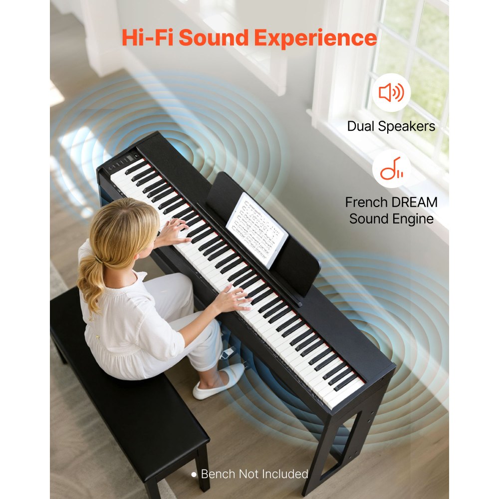VEVOR Pianoforte Digitale a 88 Tasti Pesati, Tastiera Pianoforte Pesati con Altoparlante, Pedale Sustain, Adattatore CC, Supporto, 280 Toni, Connessione Wireless, per Principianti, Nero