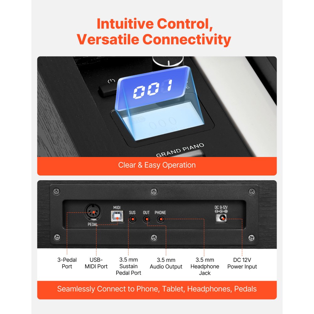 VEVOR Pianoforte Digitale a 88 Tasti Pesati, Tastiera Pianoforte Pesati con Altoparlante, Pedale Sustain, Adattatore CC, Supporto, 280 Toni, Connessione Wireless, per Principianti, Nero