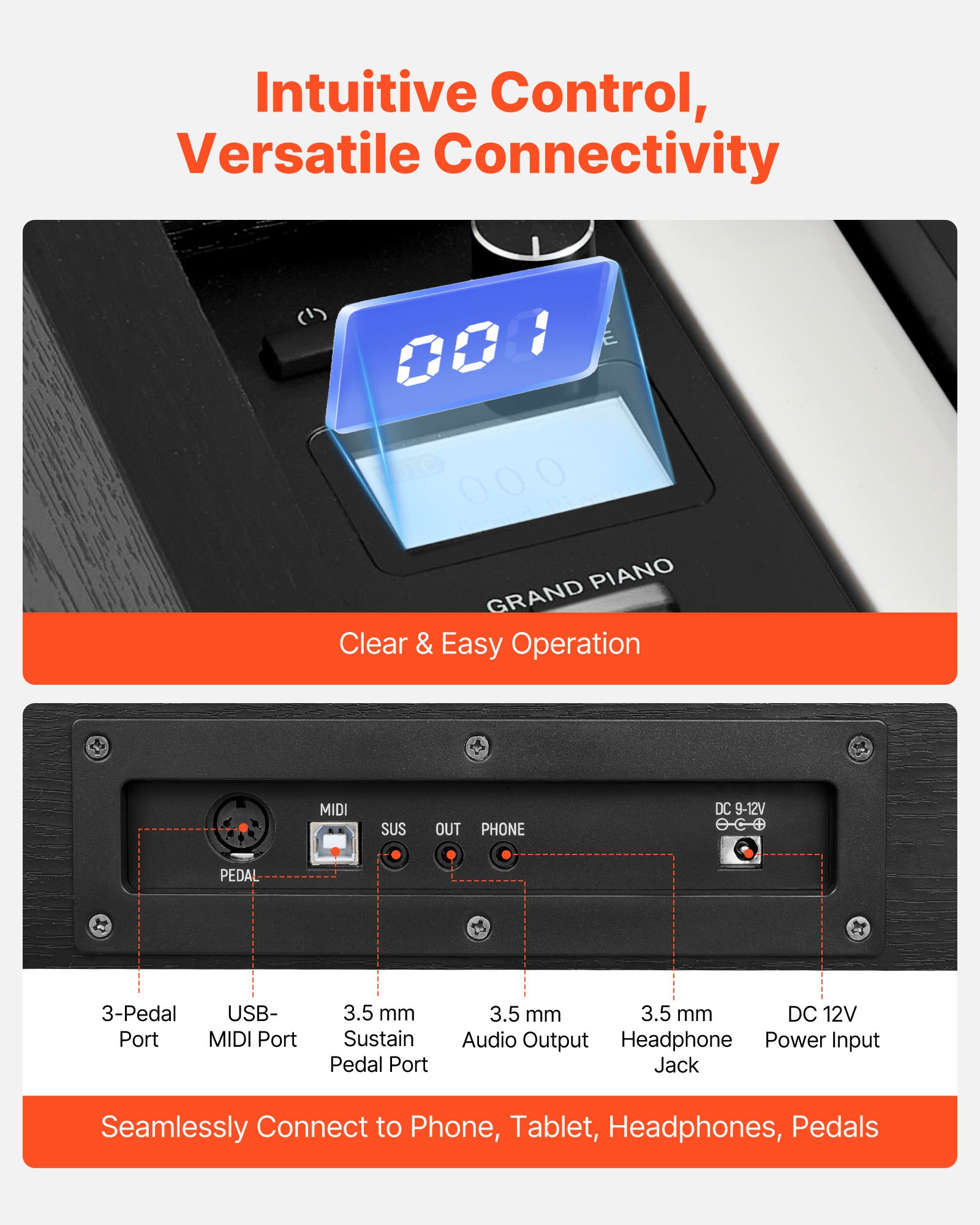 VEVOR Pianoforte Digitale a 88 Tasti Pesati, Tastiera Pianoforte Pesati con Altoparlante, Pedale Sustain, Adattatore CC, Supporto, 280 Toni, Connessione Wireless, per Principianti, Nero
