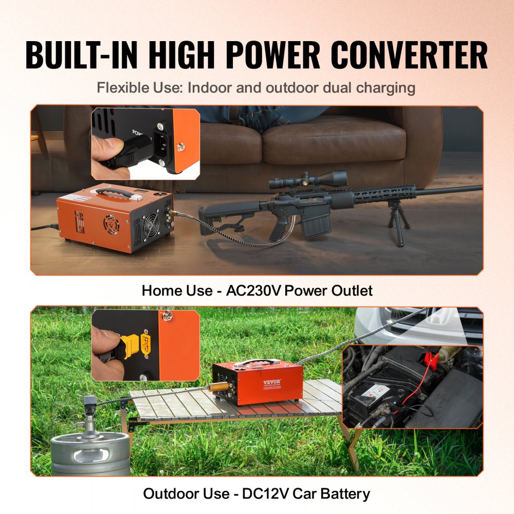 VEVOR Compressore d'Aria 30MPa PCP Portatile Convertitore Integrato Spegnimento Manuale DC 12V/AC 230V, Compressore d'Aria Portatile ad Alta Pressione Senza Acqua Senza Olio Portatile