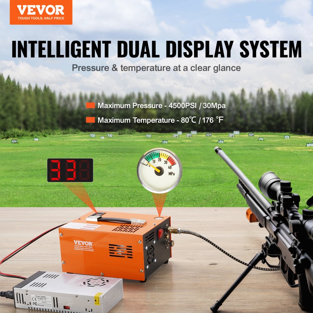 VEVOR Compressore d'Aria 30MPa PCP Portatile Convertitore Esterno Spegnimento Manuale DC 12V/AC 230V, Compressore d'Aria Portatile ad Alta Pressione Senza Acqua Senza Olio per Pistola Aria Compressa