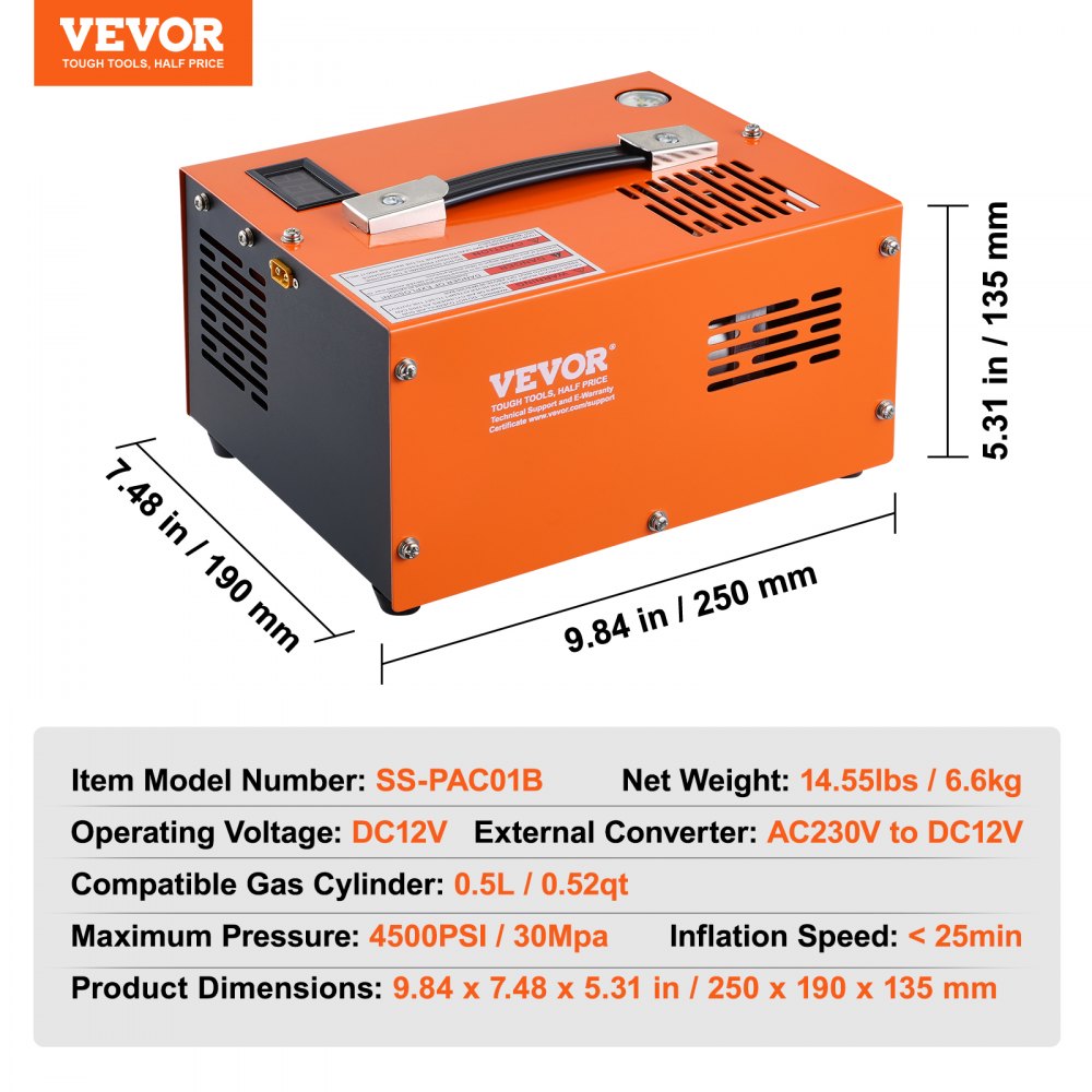 VEVOR Compressore d'Aria 30MPa PCP Portatile Convertitore Esterno Spegnimento Manuale DC 12V/AC 230V, Compressore d'Aria Portatile ad Alta Pressione Senza Acqua Senza Olio per Pistola Aria Compressa