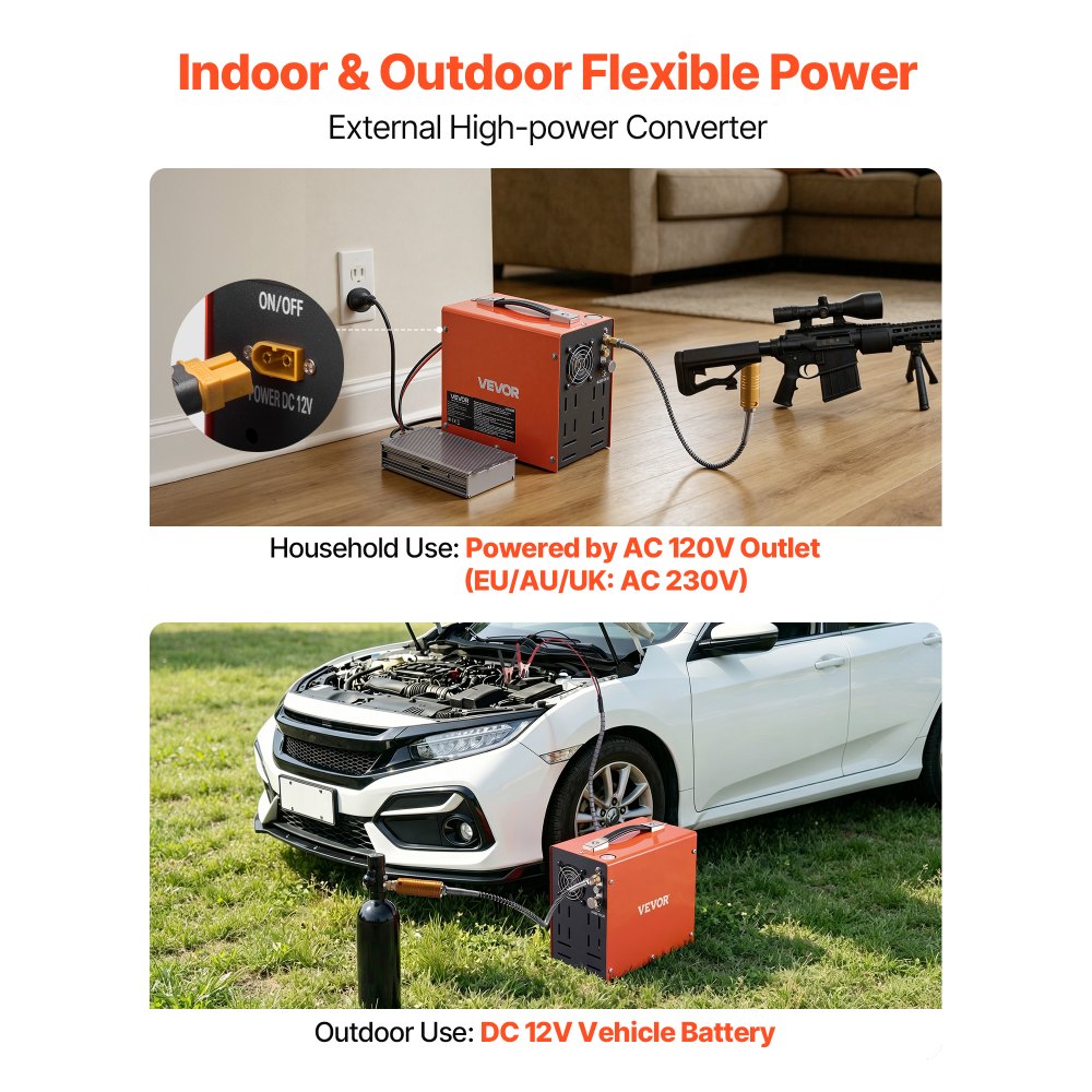 VEVOR Compressore ad Alta Pressione per PCP 4500 PSI 350 W CC12V/CA230V, Compressore per Carabina PCP con Convertitore Integrato, Arresto Manuale, Portatile per Paintball, Armi ad Aria Compressa