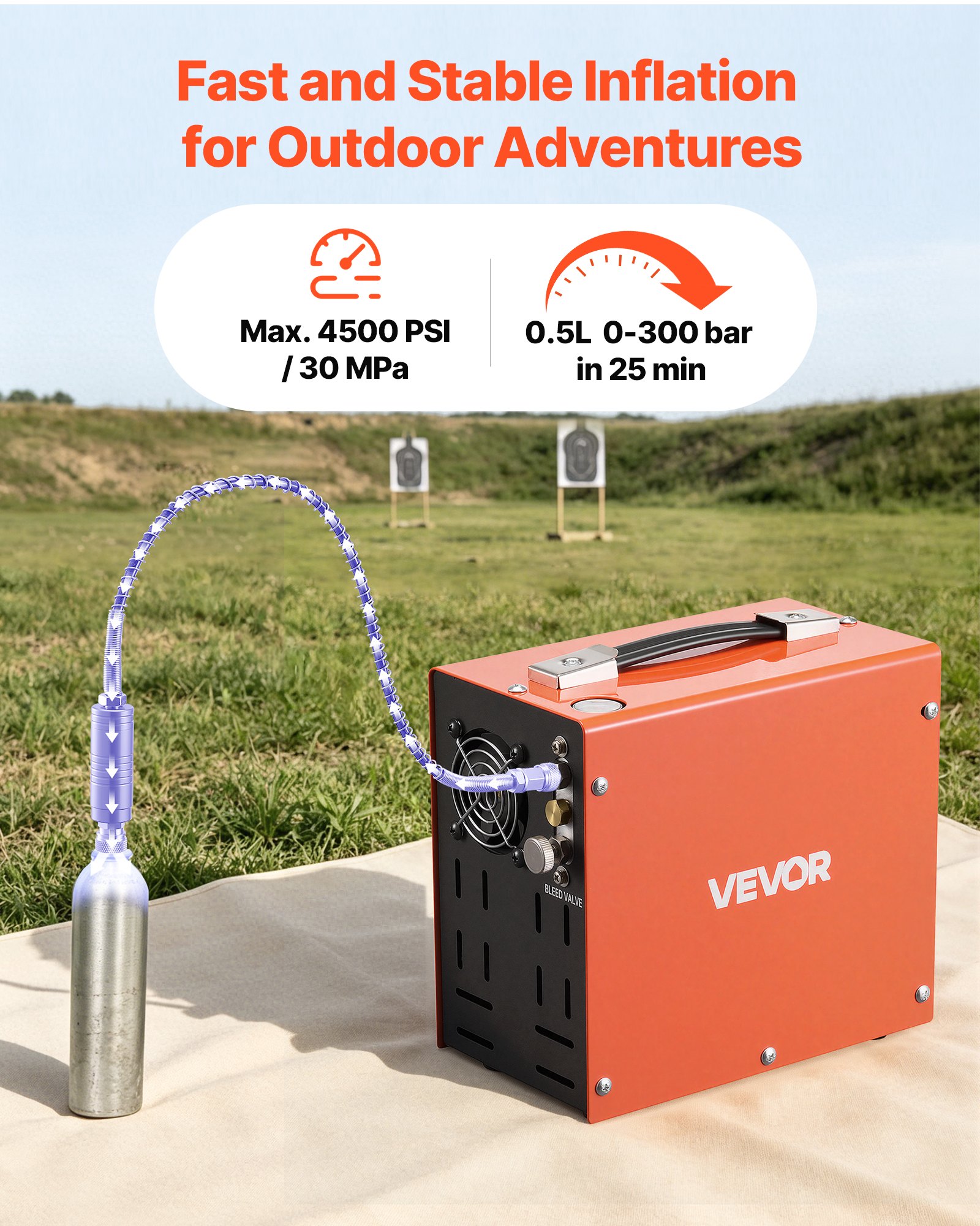 VEVOR Compressore ad Alta Pressione per PCP 4500 PSI 350 W CC12V/CA230V, Compressore per Carabina PCP con Convertitore Integrato, Arresto Manuale, Portatile per Paintball, Armi ad Aria Compressa