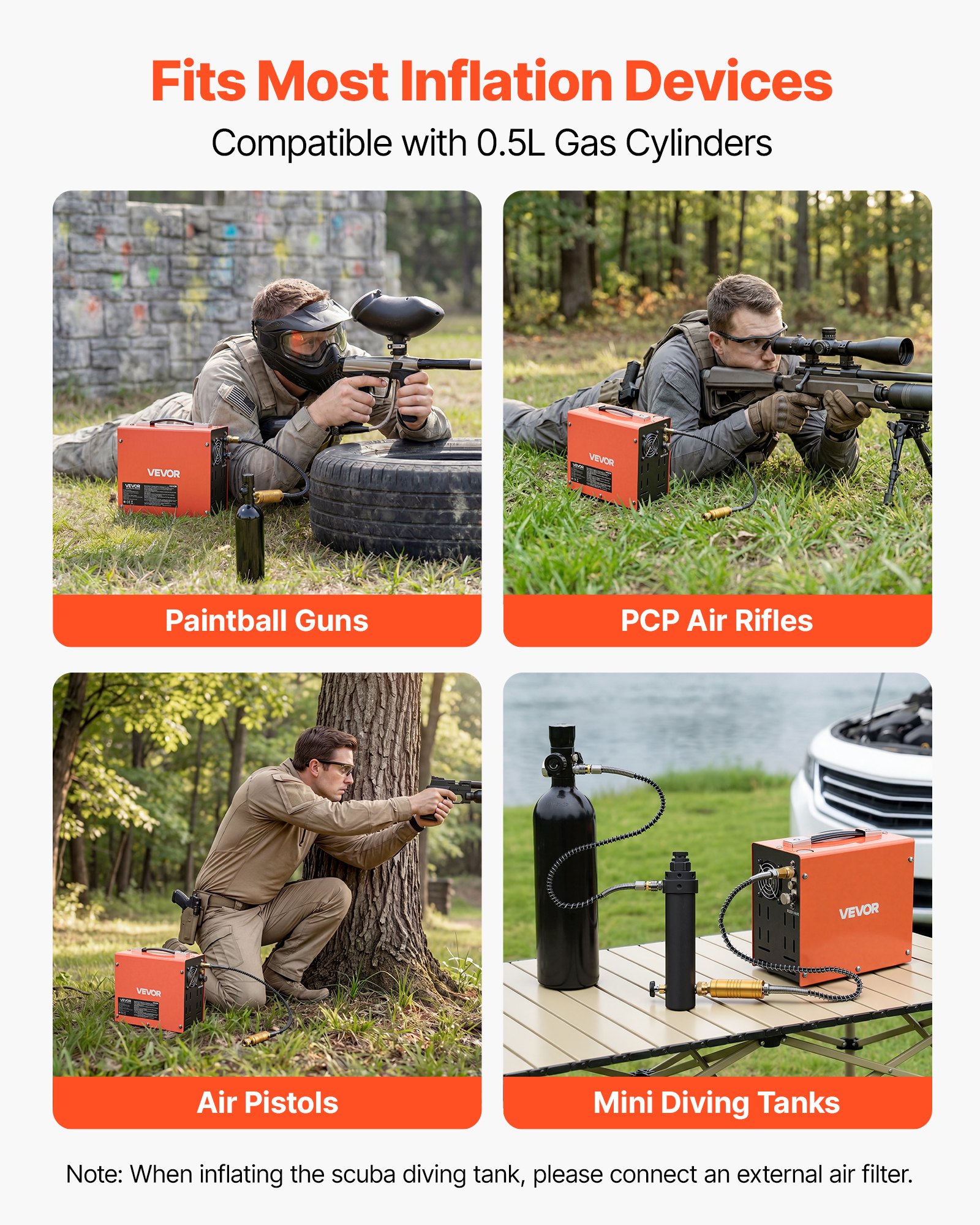 VEVOR Compressore ad Alta Pressione per PCP 4500 PSI 350 W CC12V/CA230V, Compressore per Carabina PCP con Convertitore Integrato, Arresto Manuale, Portatile per Paintball, Armi ad Aria Compressa