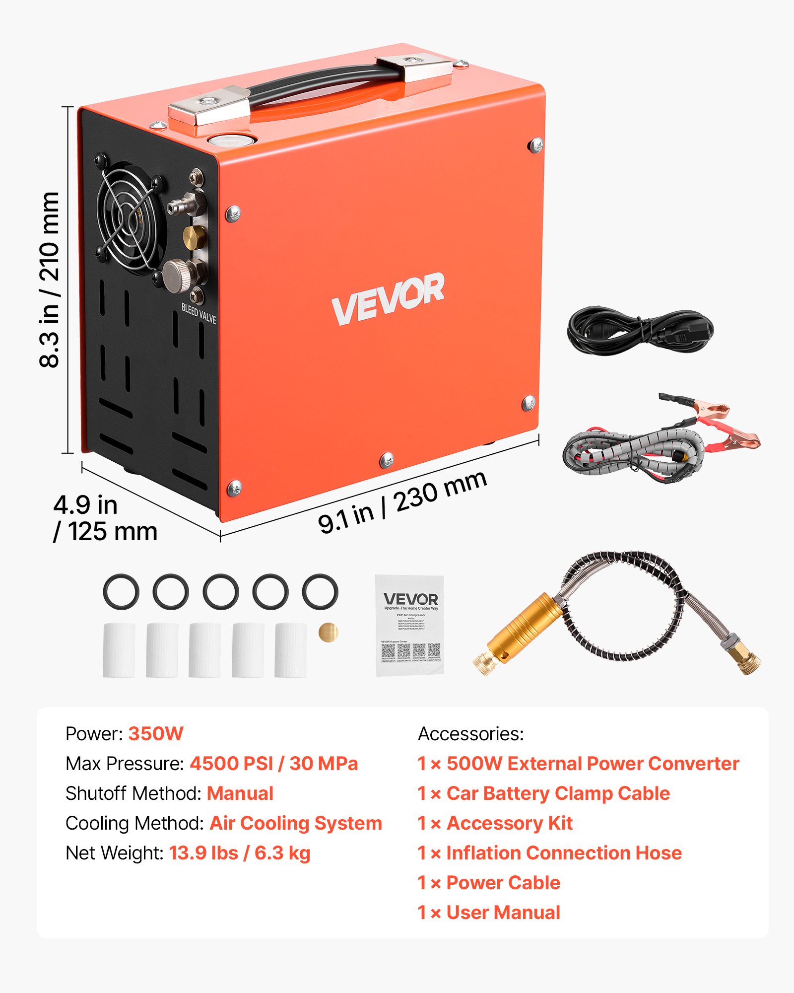 VEVOR Compressore ad Alta Pressione per PCP 4500 PSI 350 W CC12V/CA230V, Compressore per Carabina PCP con Convertitore Integrato, Arresto Manuale, Portatile per Paintball, Armi ad Aria Compressa