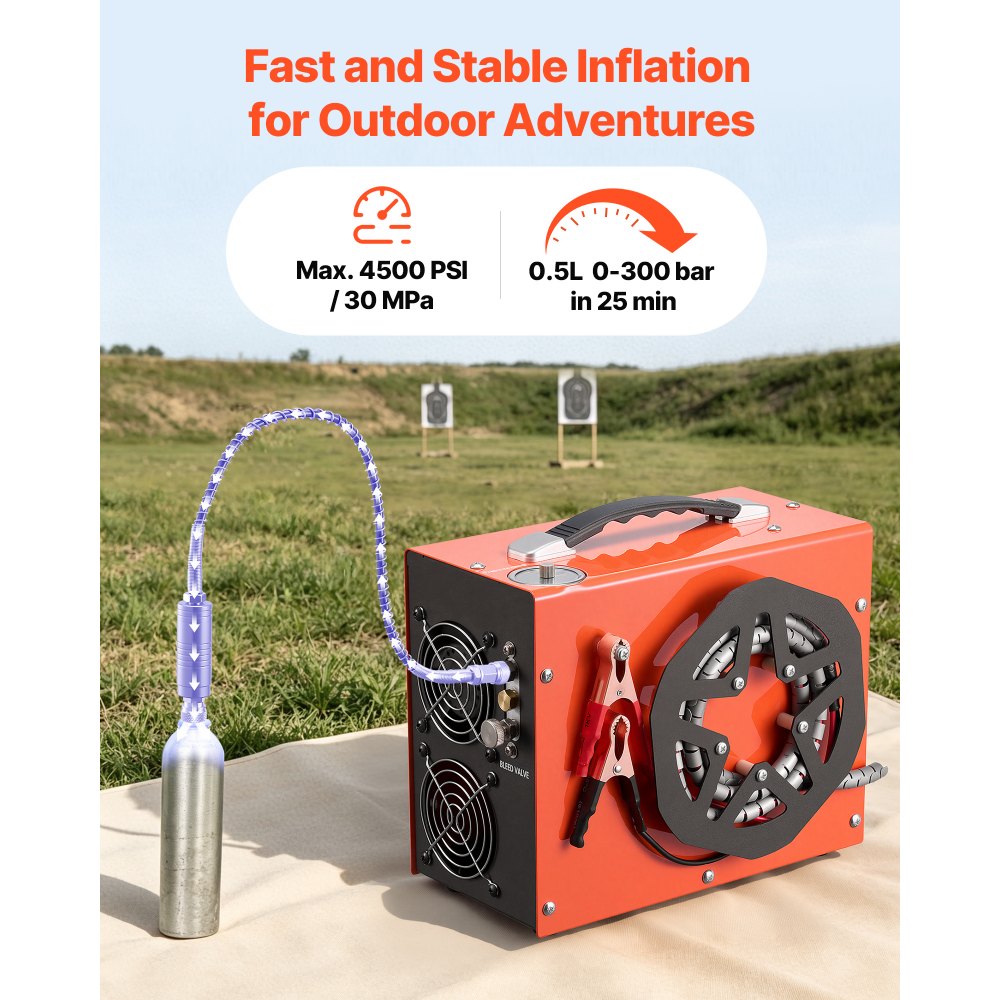 VEVOR Compressore ad Alta Pressione per PCP 4500 PSI 350W CC12V/CA230V, Compressore per Carabina PCP con Convertitore Integrato, Arresto Automatico, Portatile per Paintball, Armi ad Aria Compressa