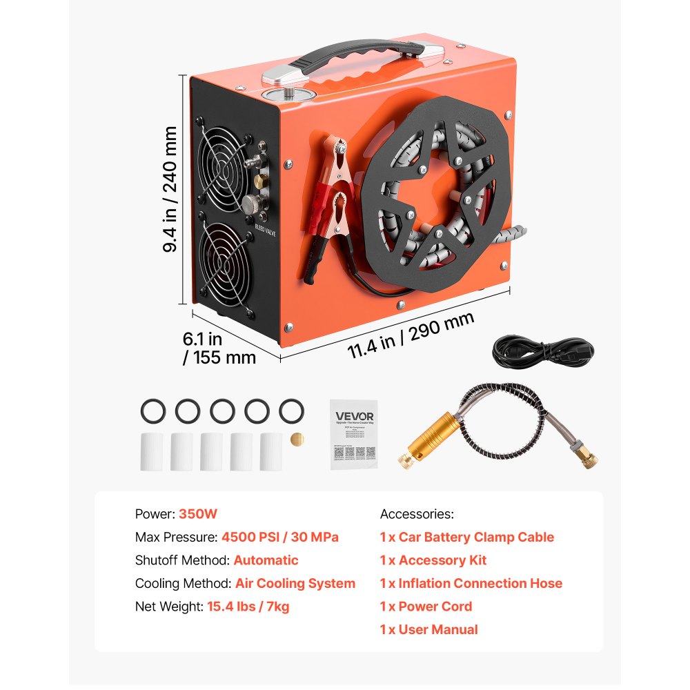 VEVOR Compressore ad Alta Pressione per PCP 4500 PSI 350W CC12V/CA230V, Compressore per Carabina PCP con Convertitore Integrato, Arresto Automatico, Portatile per Paintball, Armi ad Aria Compressa