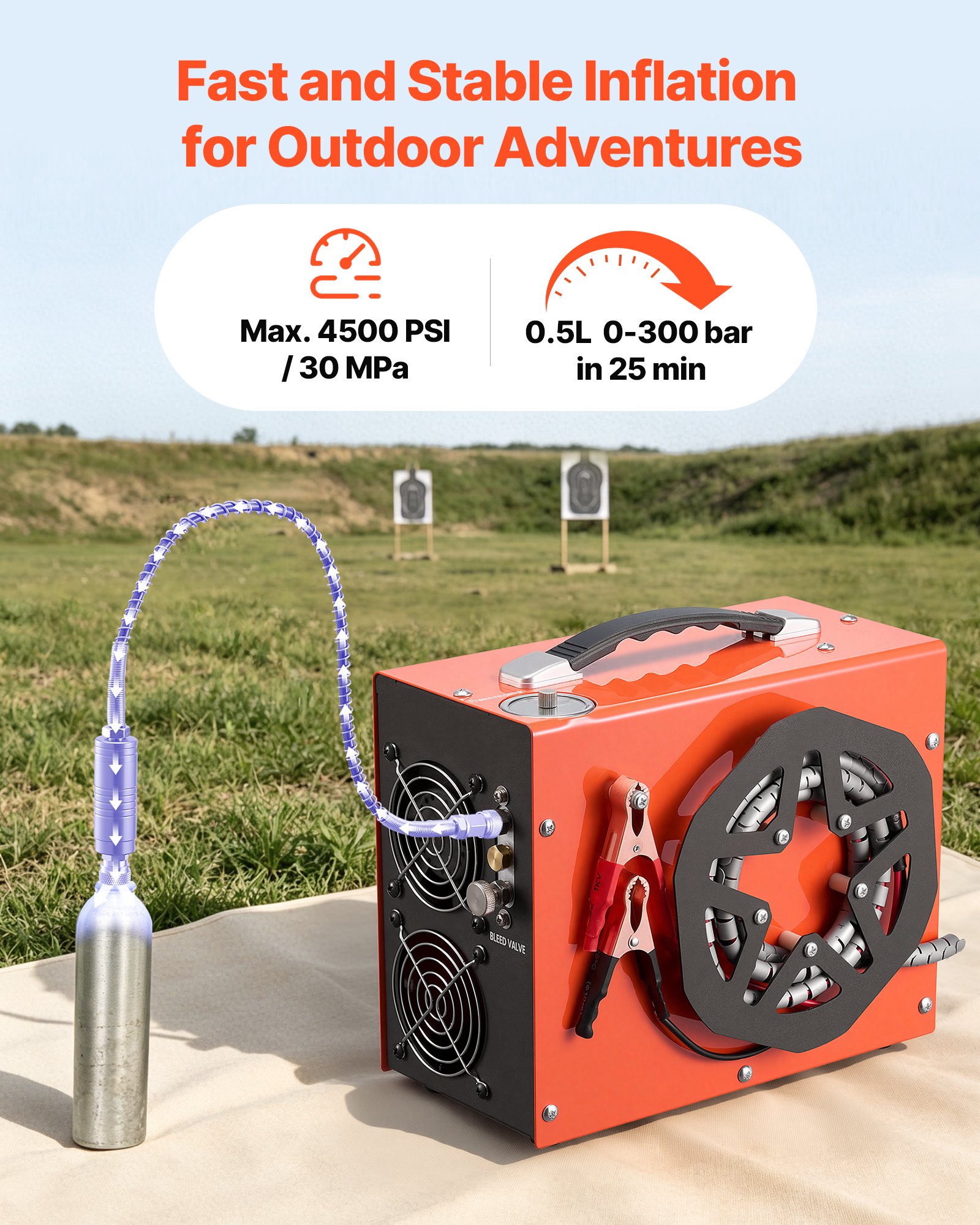 VEVOR Compressore ad Alta Pressione per PCP 4500 PSI 350W CC12V/CA230V, Compressore per Carabina PCP con Convertitore Integrato, Arresto Automatico, Portatile per Paintball, Armi ad Aria Compressa
