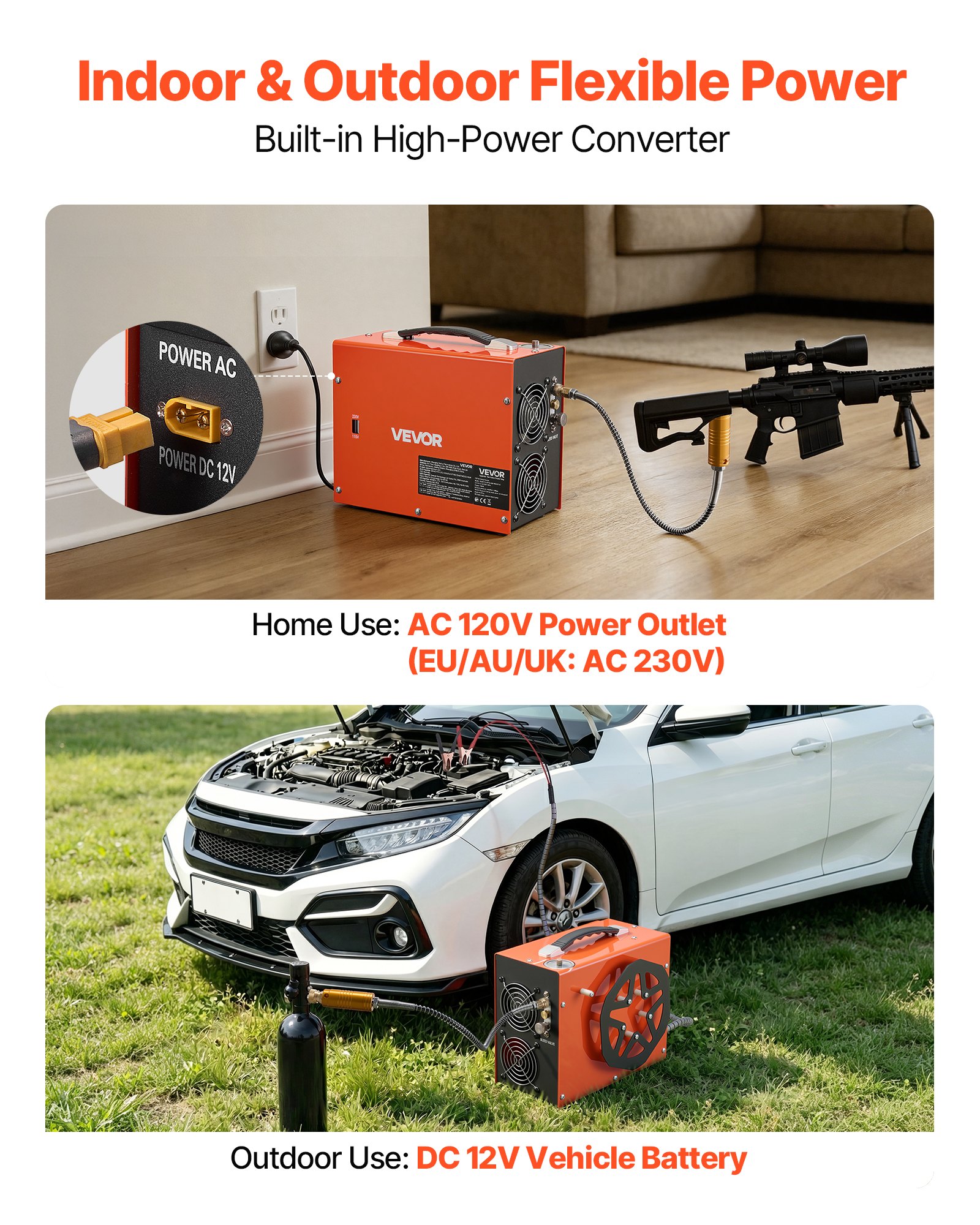VEVOR Compressore ad Alta Pressione per PCP 4500 PSI 350W CC12V/CA230V, Compressore per Carabina PCP con Convertitore Integrato, Arresto Automatico, Portatile per Paintball, Armi ad Aria Compressa