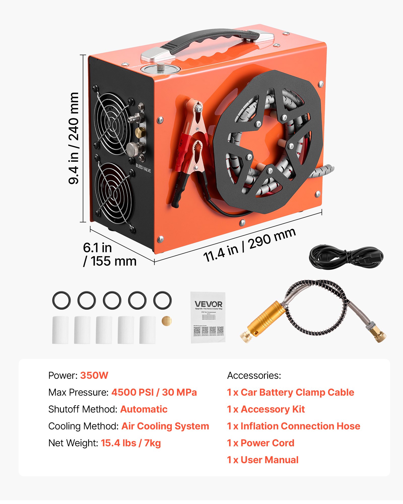 VEVOR Compressore ad Alta Pressione per PCP 4500 PSI 350W CC12V/CA230V, Compressore per Carabina PCP con Convertitore Integrato, Arresto Automatico, Portatile per Paintball, Armi ad Aria Compressa