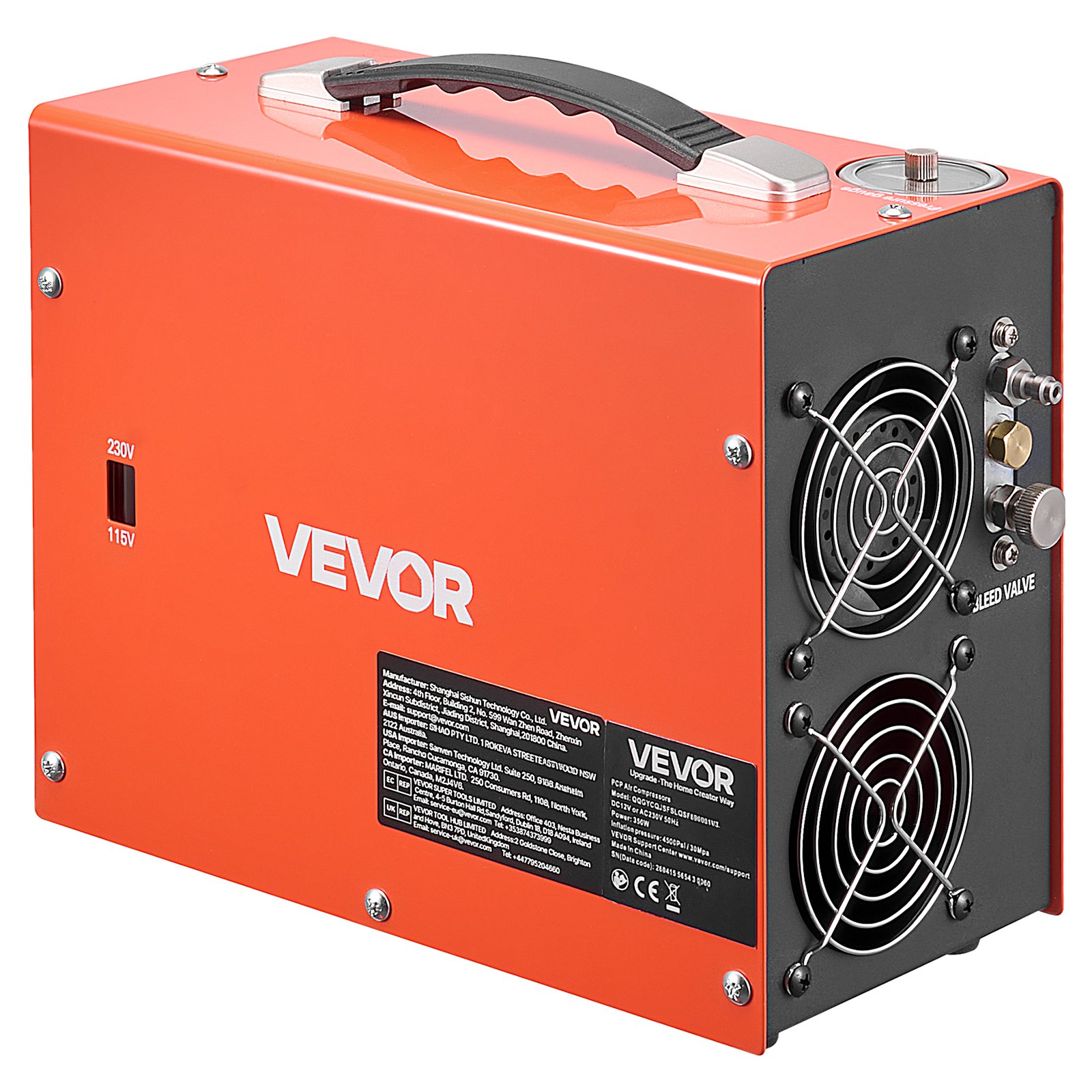 VEVOR Compressore ad Alta Pressione per PCP 4500 PSI 350W CC12V/CA230V, Compressore per Carabina PCP con Convertitore Integrato, Arresto Automatico, Portatile per Paintball, Armi ad Aria Compressa