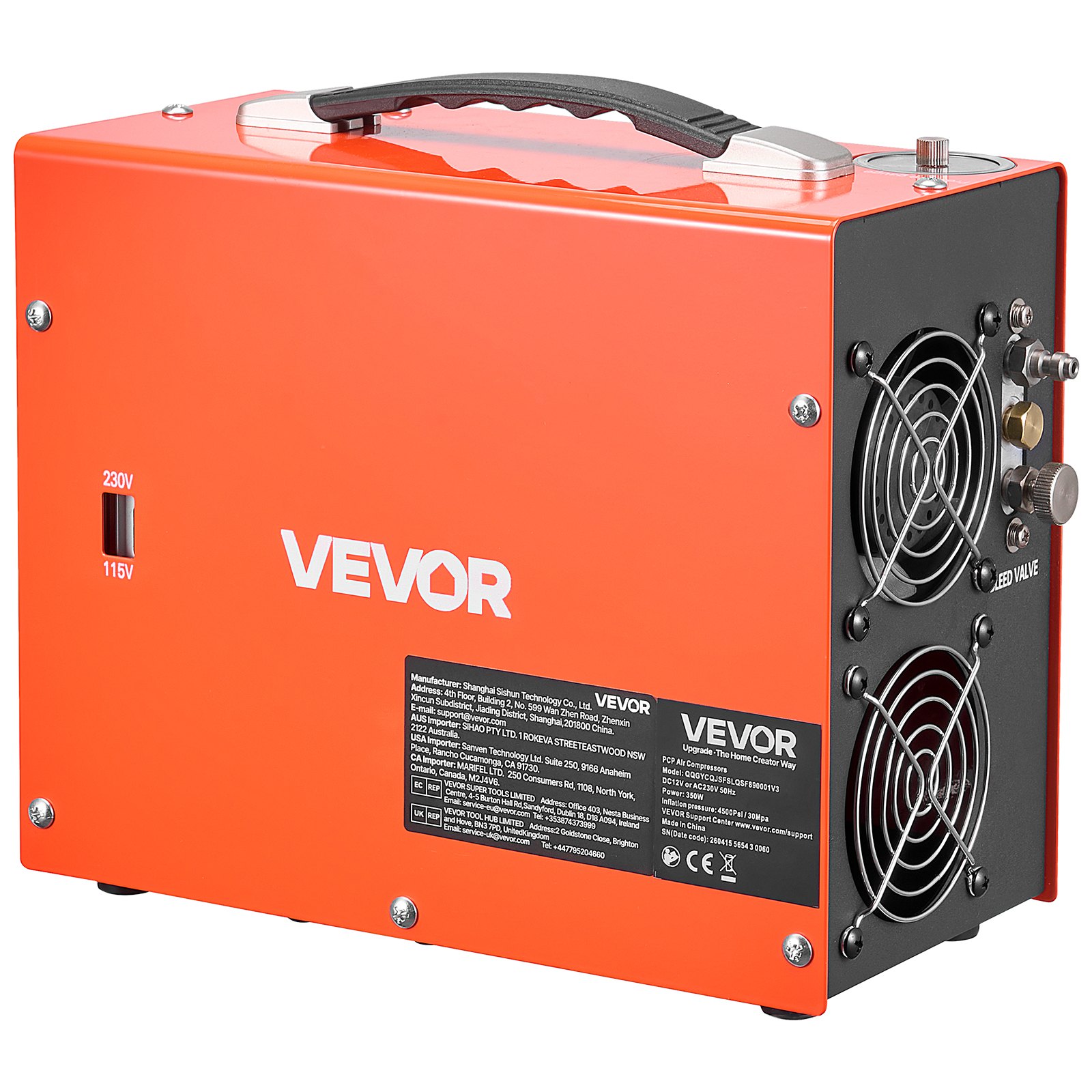 VEVOR Compressore ad Alta Pressione per PCP 4500 PSI 350W CC12V/CA230V, Compressore per Carabina PCP con Convertitore Integrato, Arresto Automatico, Portatile per Paintball, Armi ad Aria Compressa